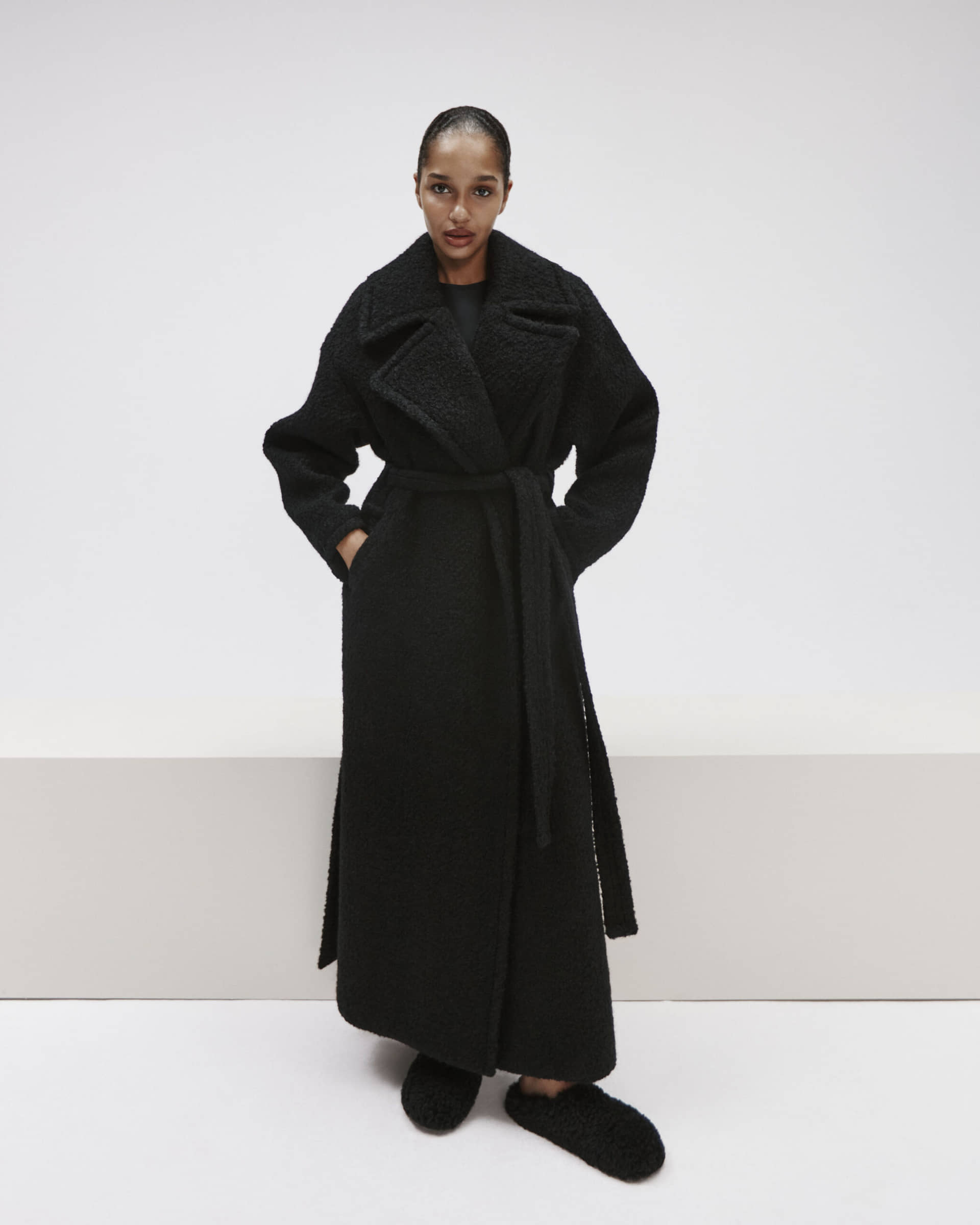 Long Boucle Coat With Belt made by YAVORSKA