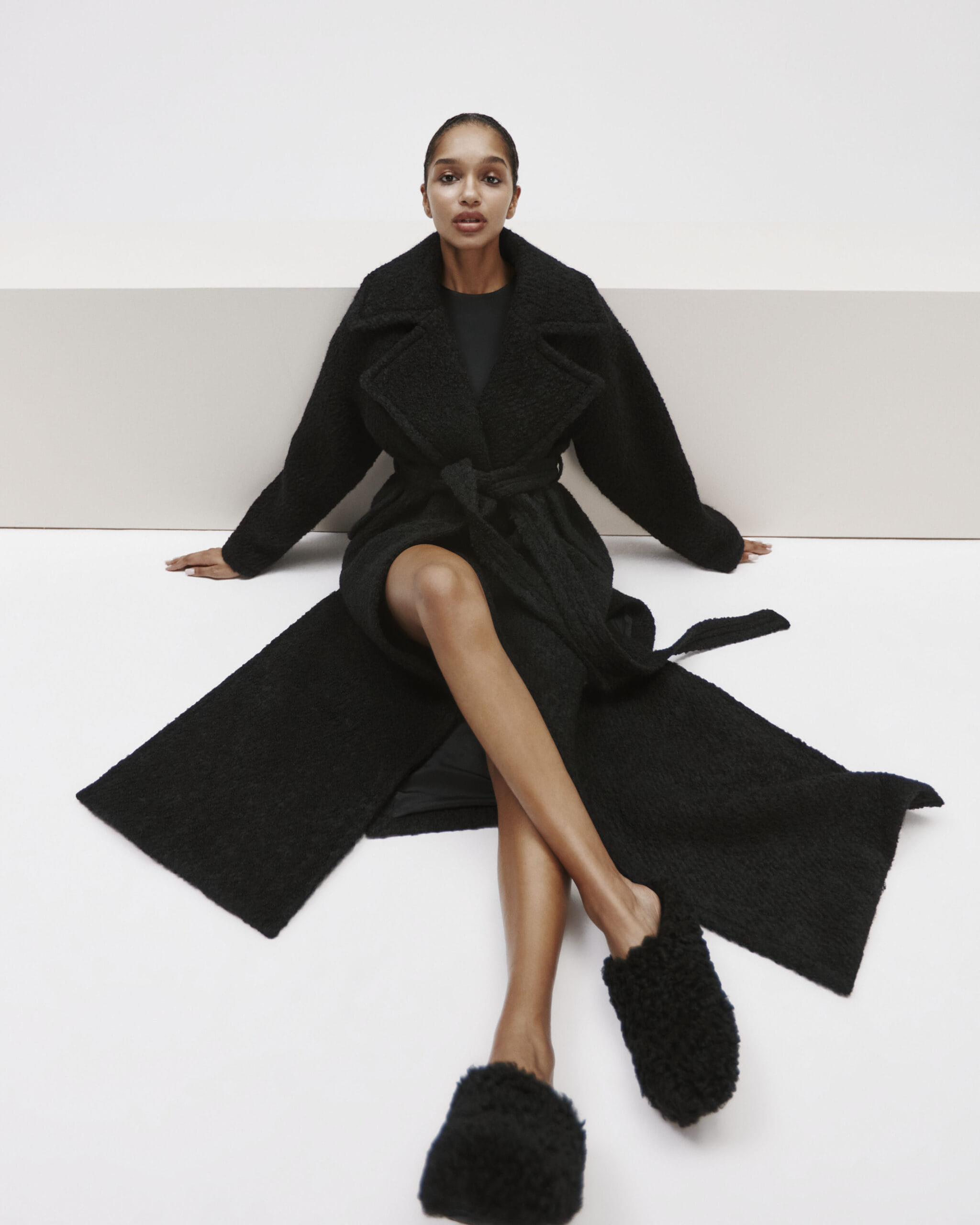 Long Boucle Coat With Belt made by YAVORSKA