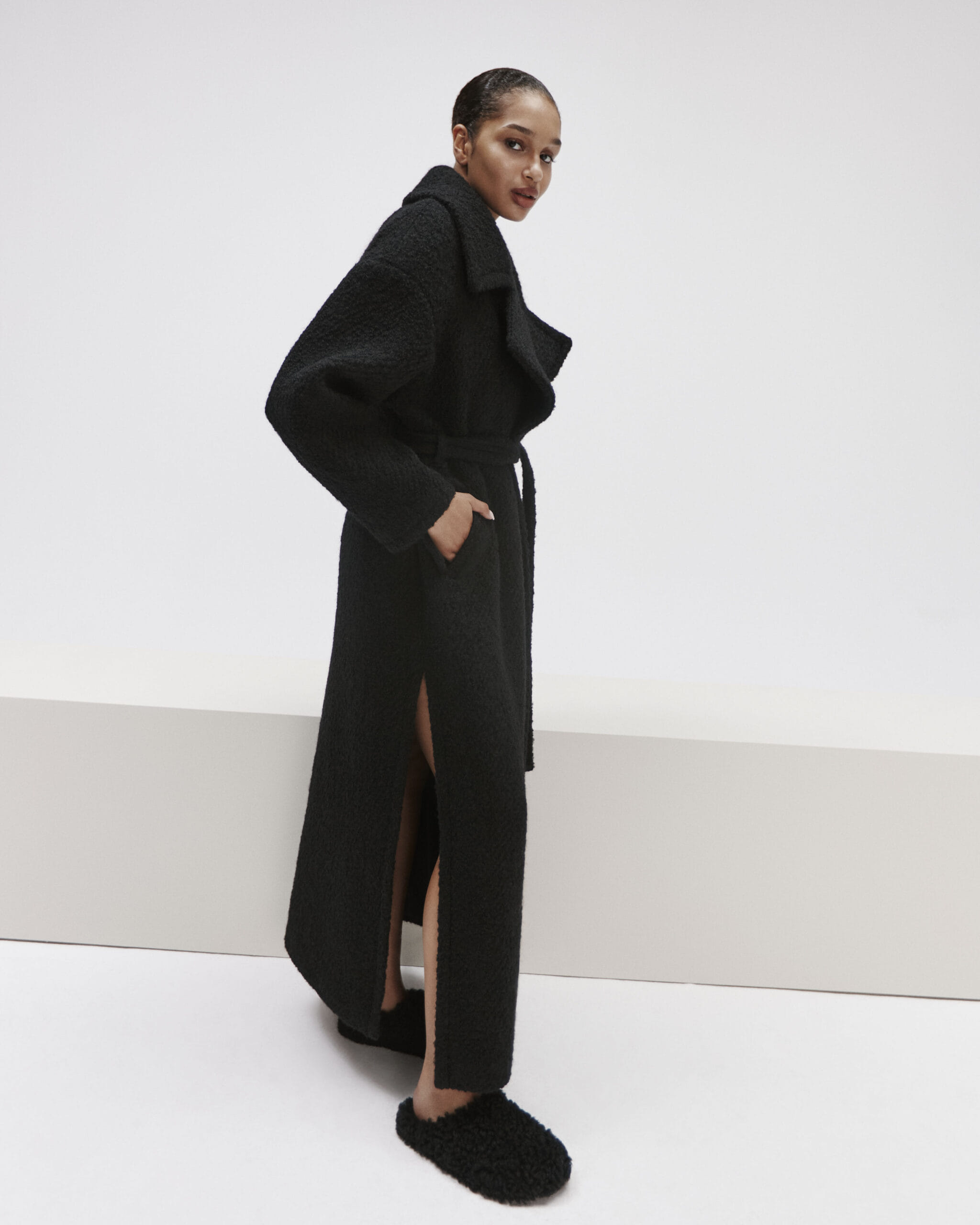 Long Boucle Coat With Belt made by YAVORSKA