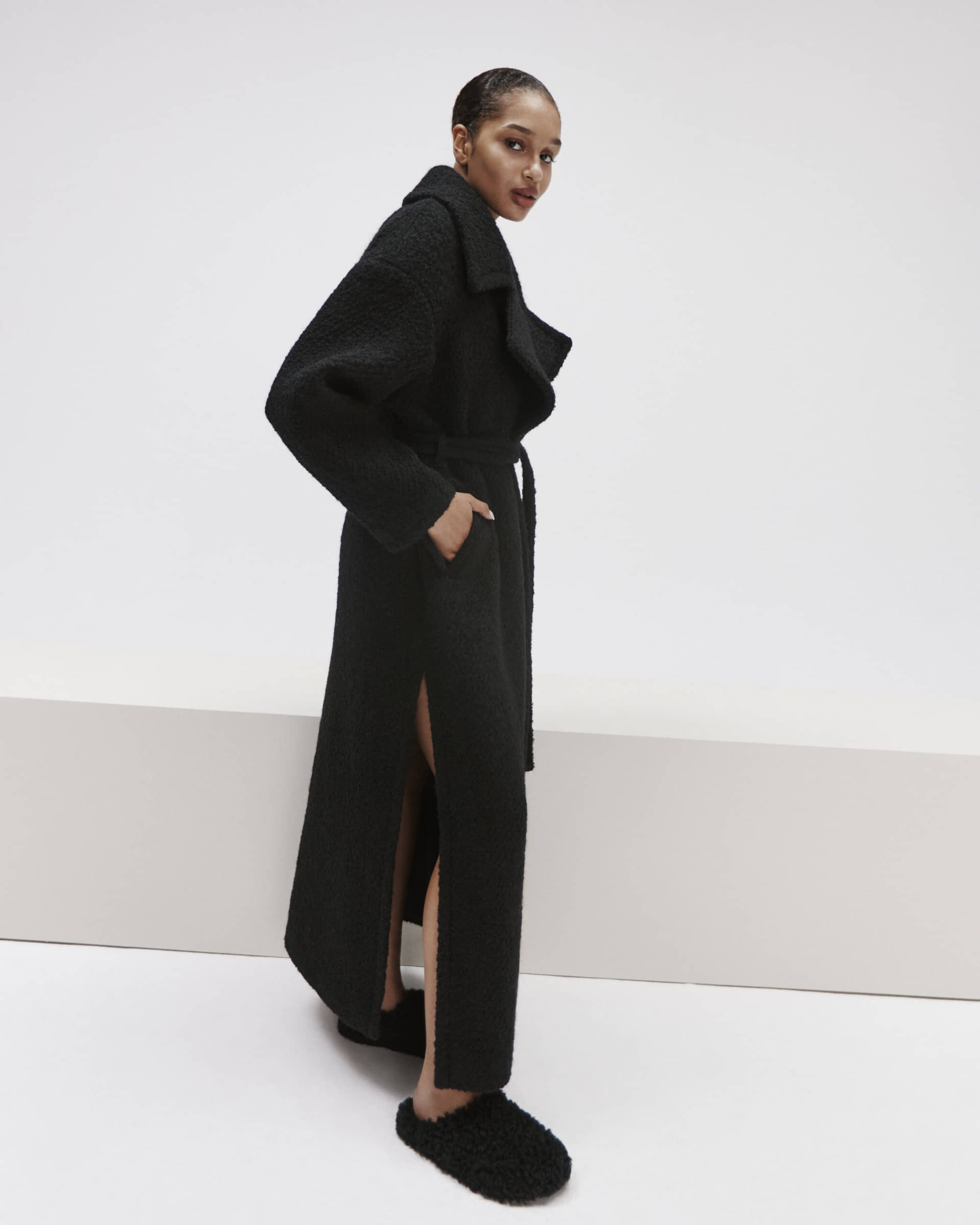 Long Boucle Coat With Belt made by YAVORSKA