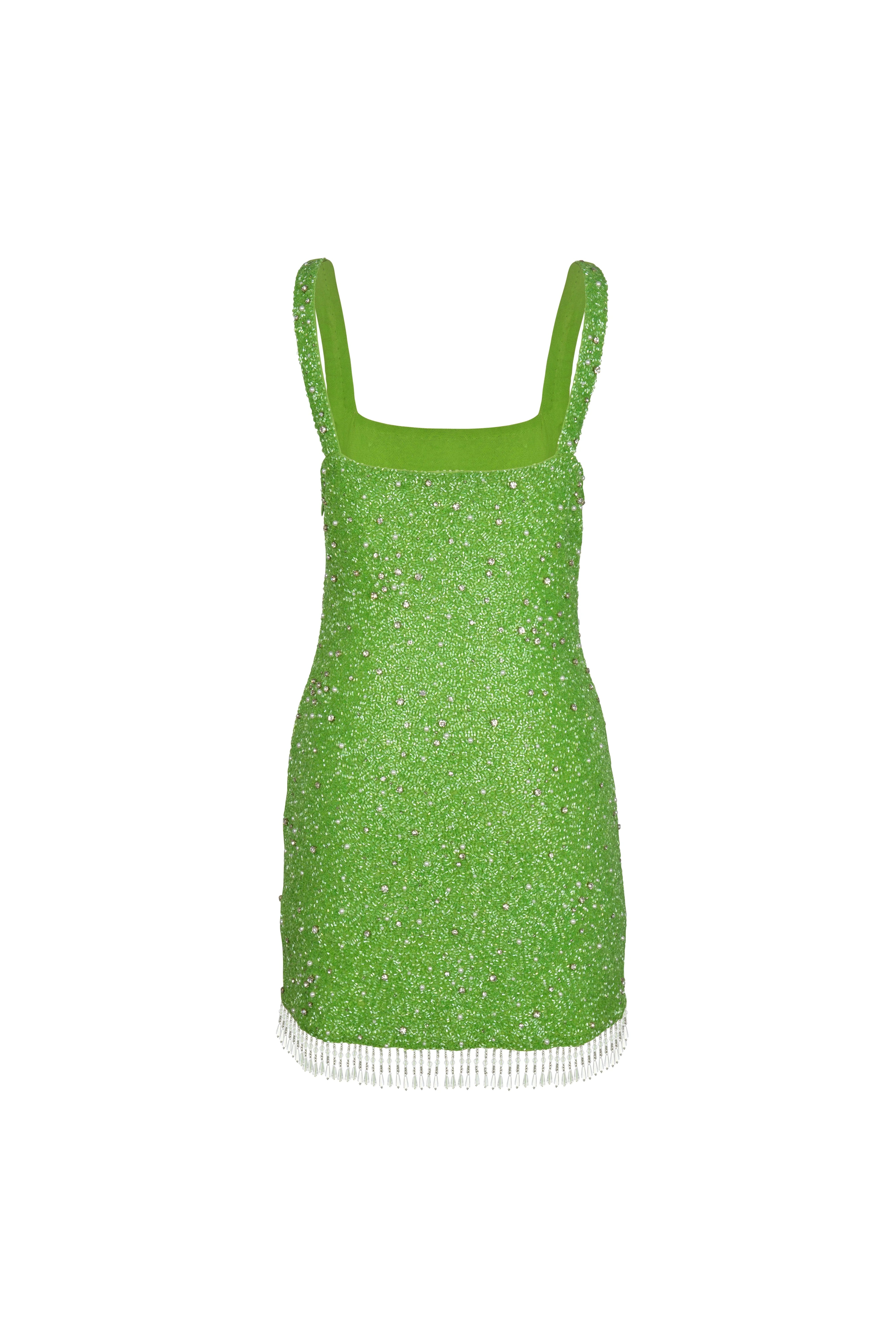 Artemis Green Beaded Tasseled Mini Dress – Daphne Collection made by Oceanus Swimwear