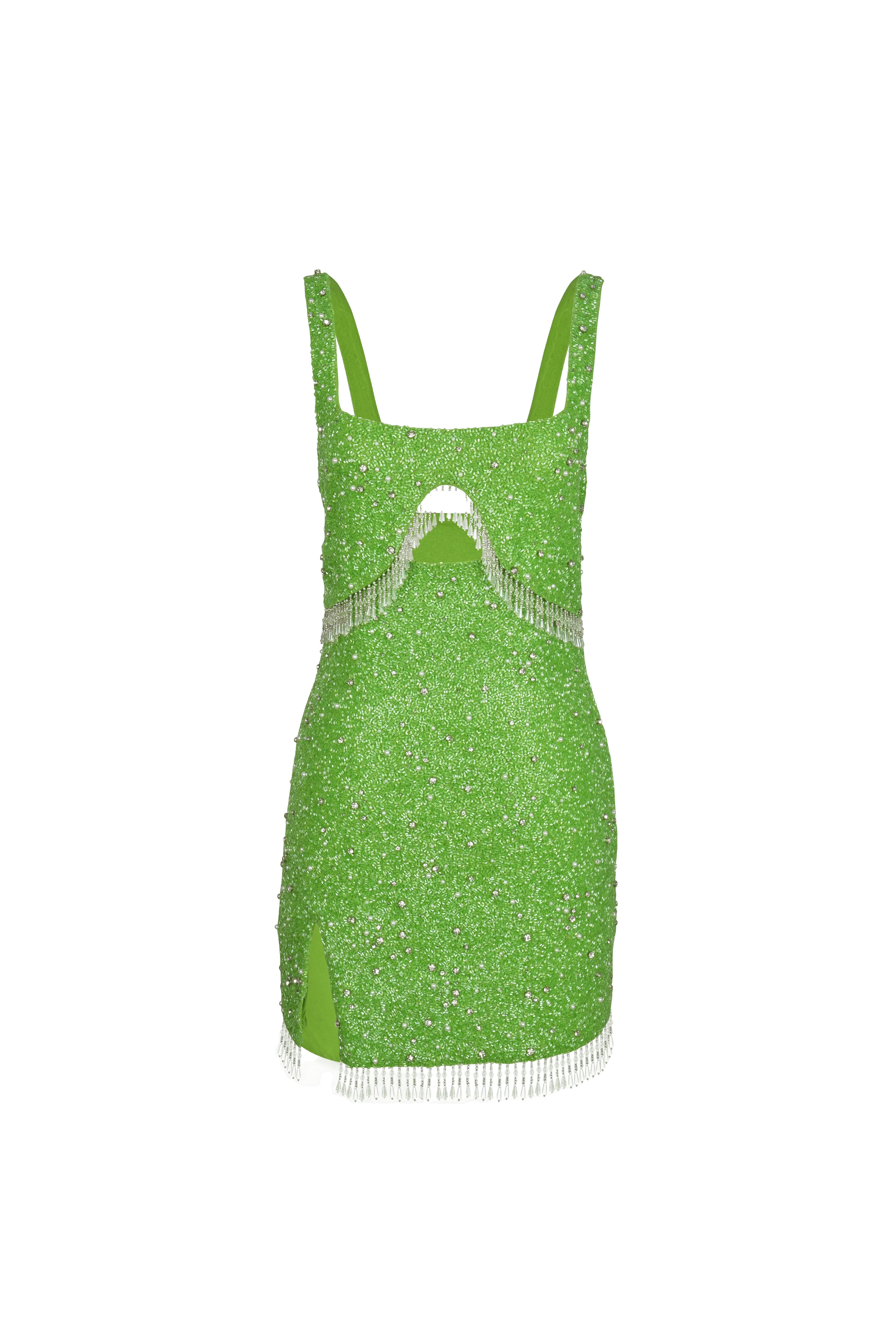 Artemis Green Beaded Tasseled Mini Dress – Daphne Collection made by Oceanus Swimwear