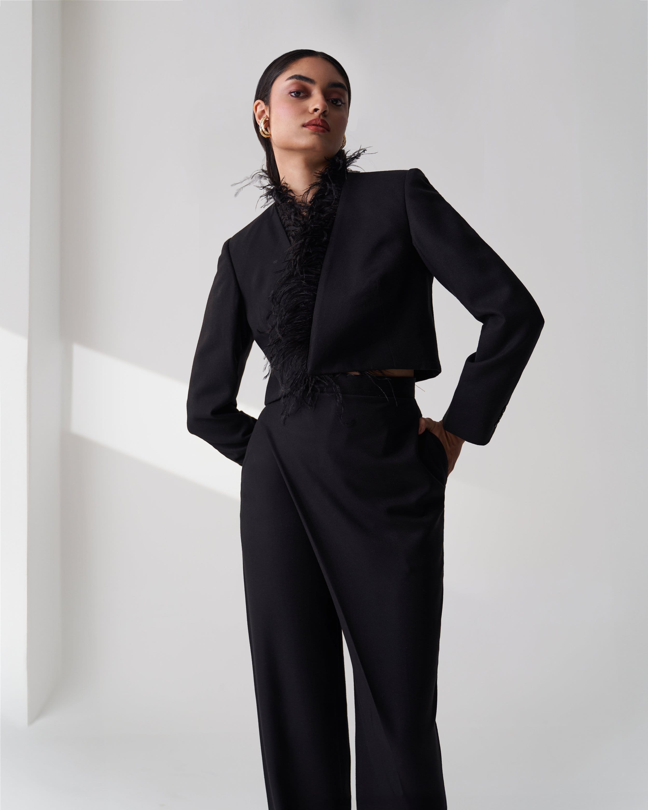 Black Tailored Twill Cropped Blazer made by Szabo Sihag