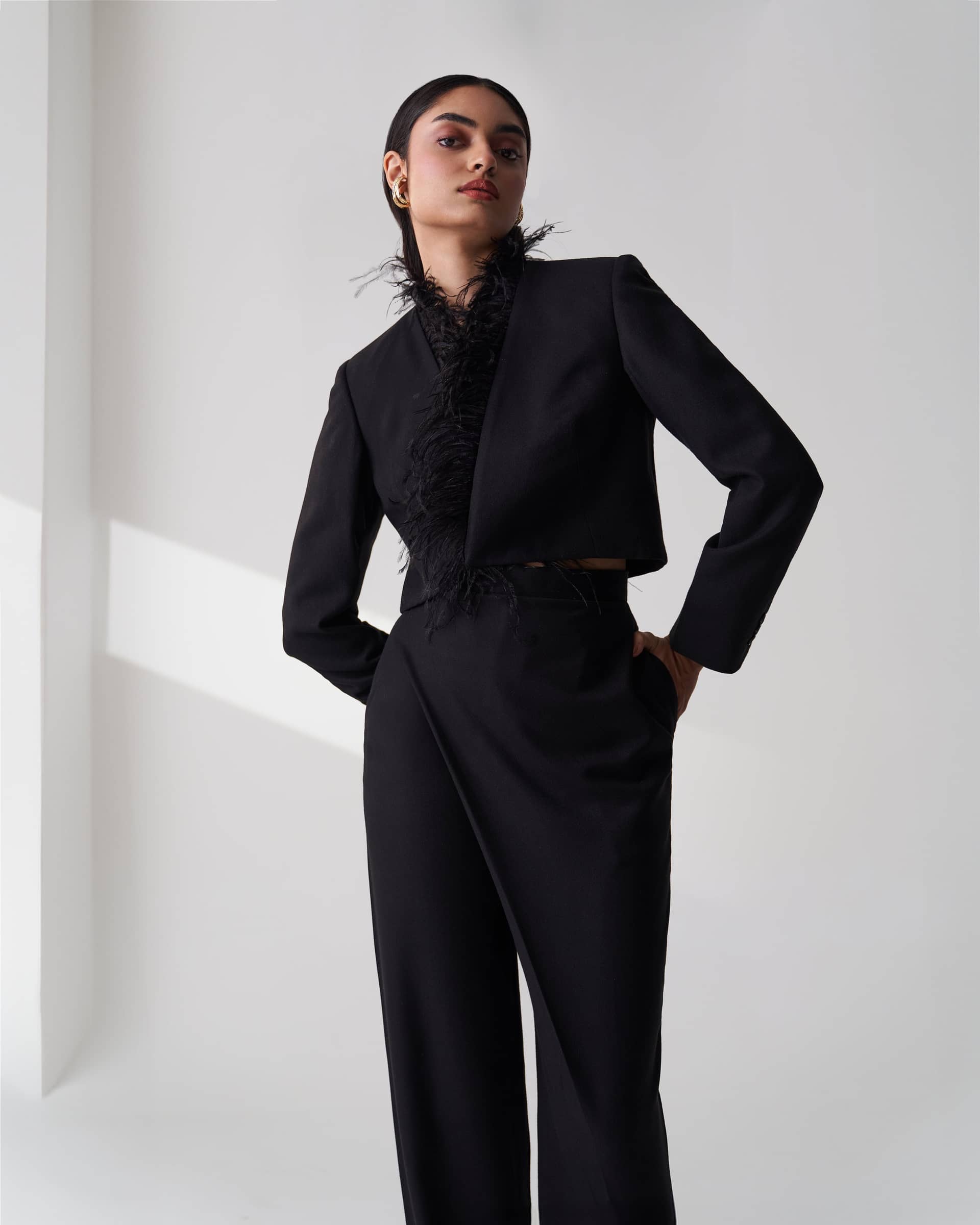 Black Tailored Twill Cropped Blazer made by Szabo Sihag