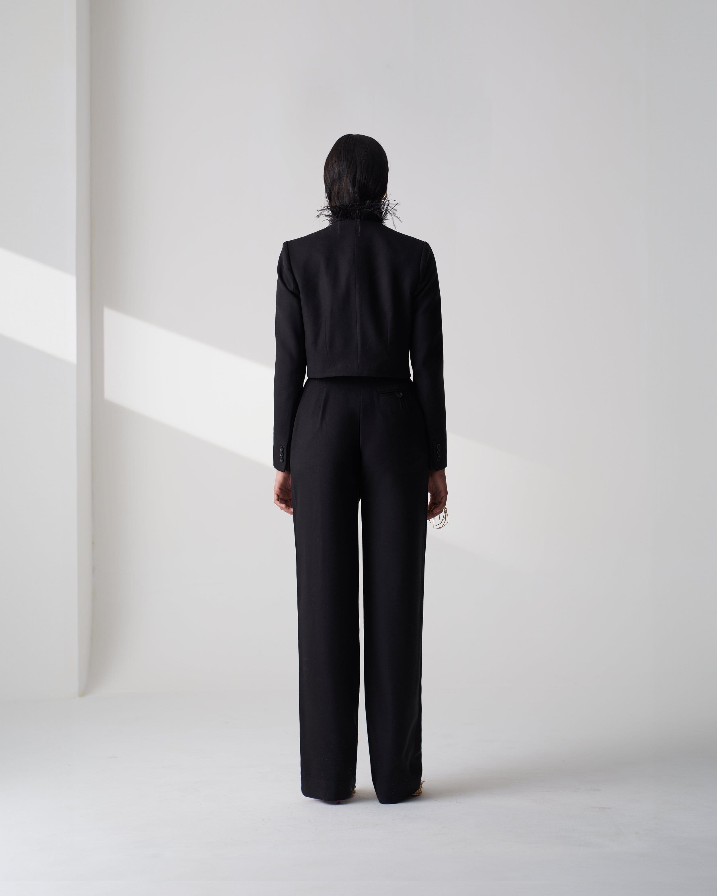 Black Tailored Twill Cropped Blazer made by Szabo Sihag