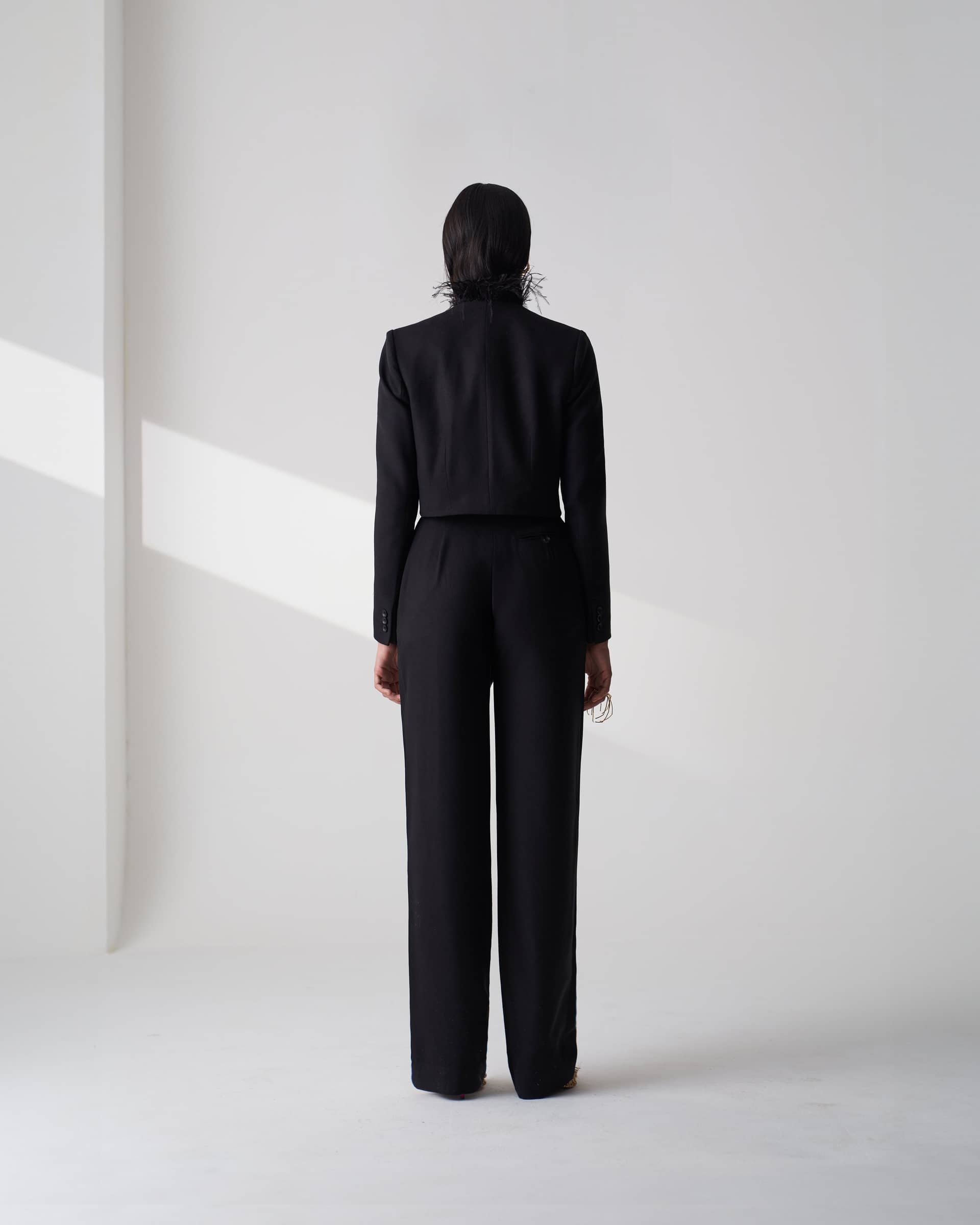 Black Tailored Twill Cropped Blazer made by Szabo Sihag