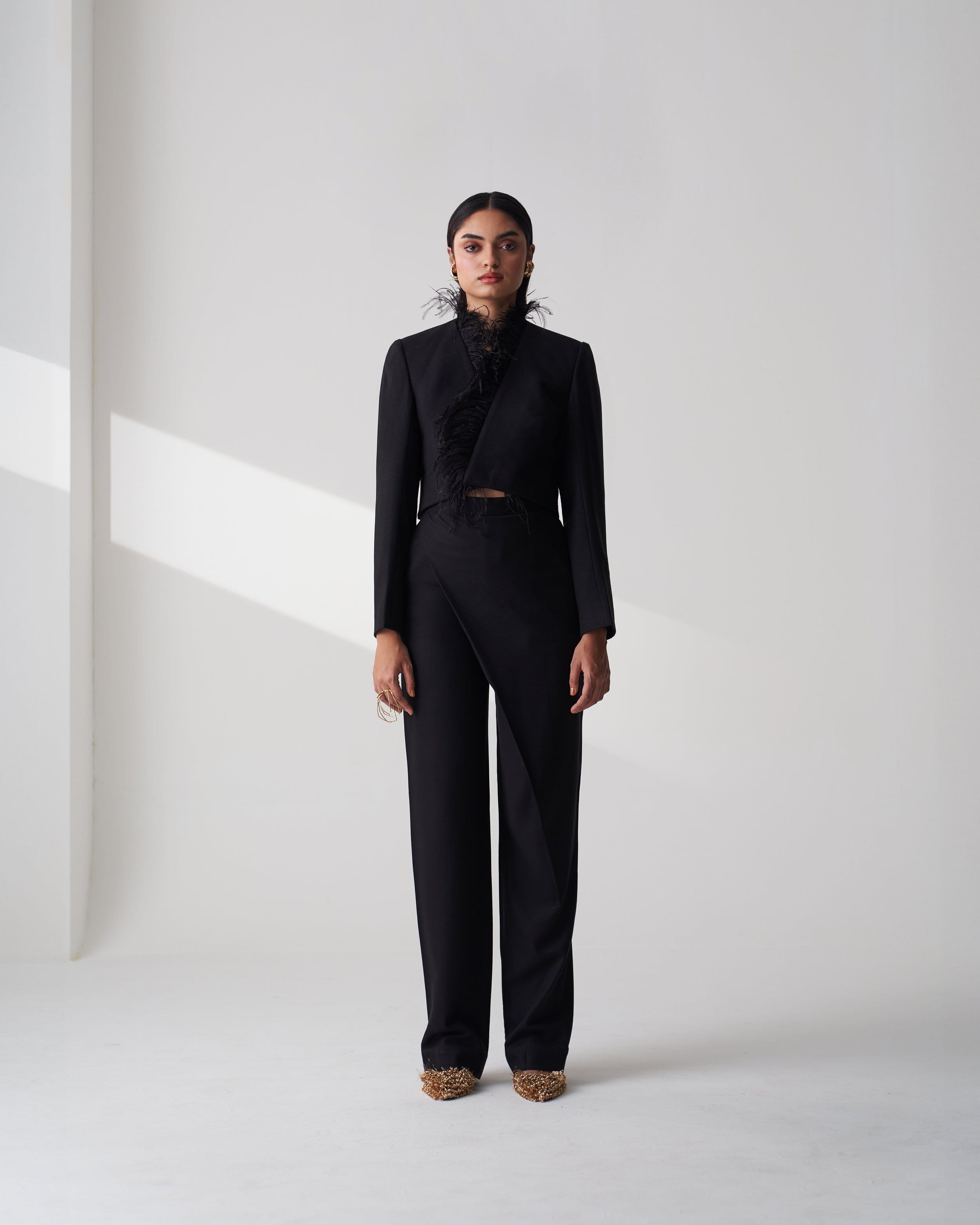 Black Tailored Twill Cropped Blazer made by Szabo Sihag