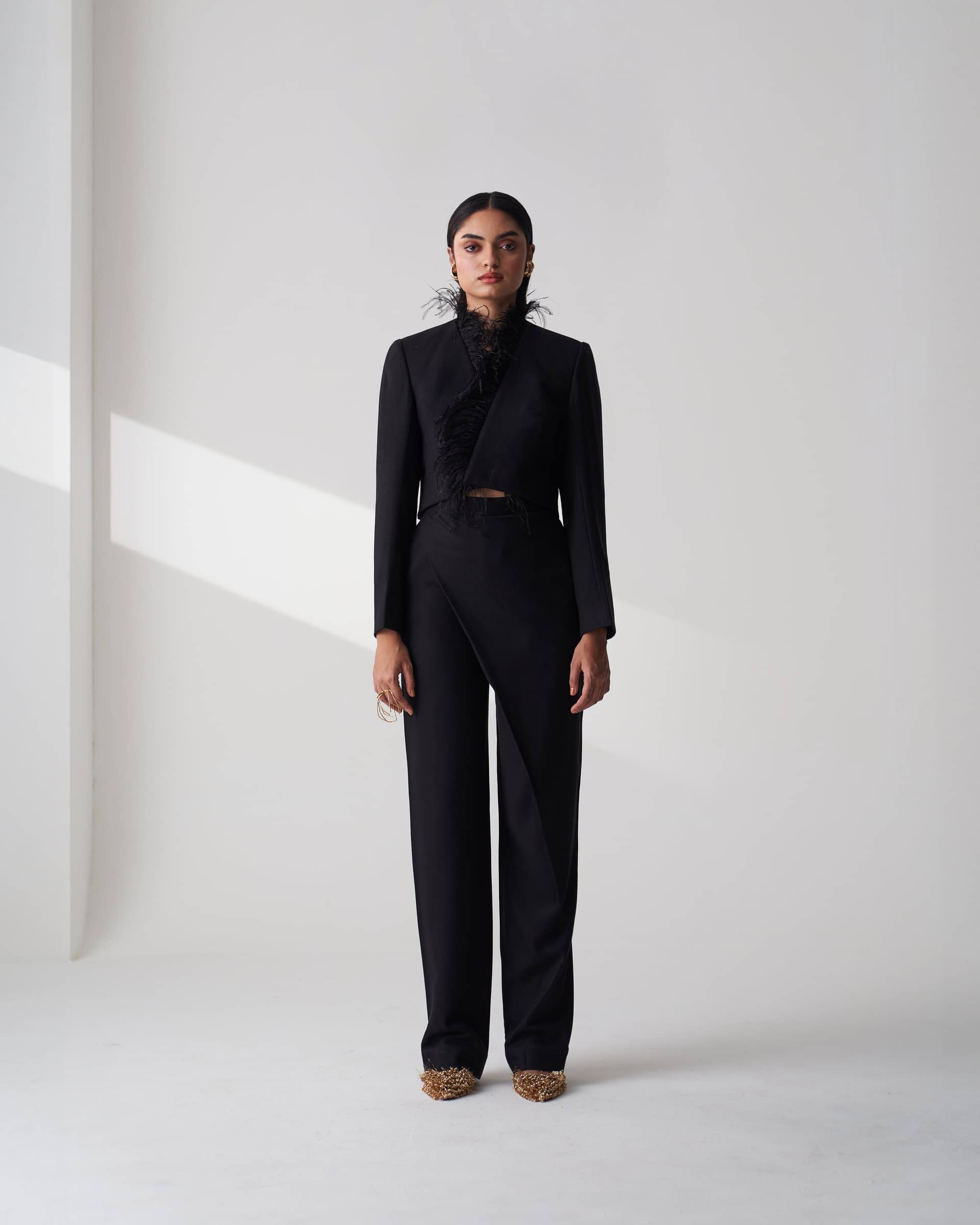 Black Tailored Twill Cropped Blazer made by Szabo Sihag