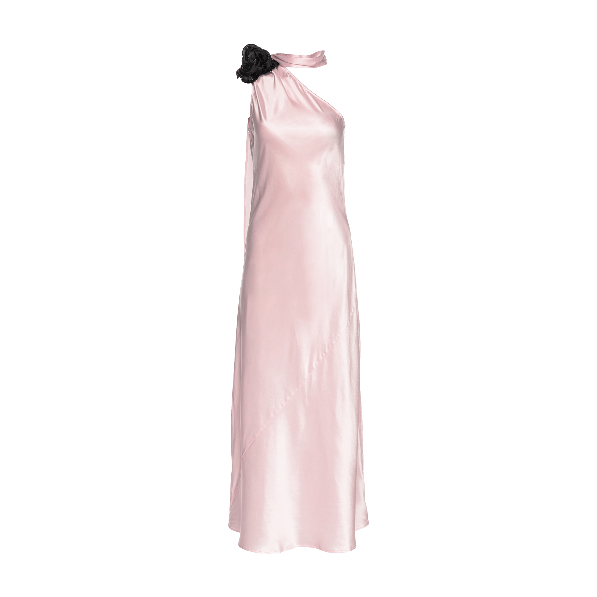 Portia Asymmetric Maxi Dress Pink With Black Crystallized Corsage made by Vasiliki