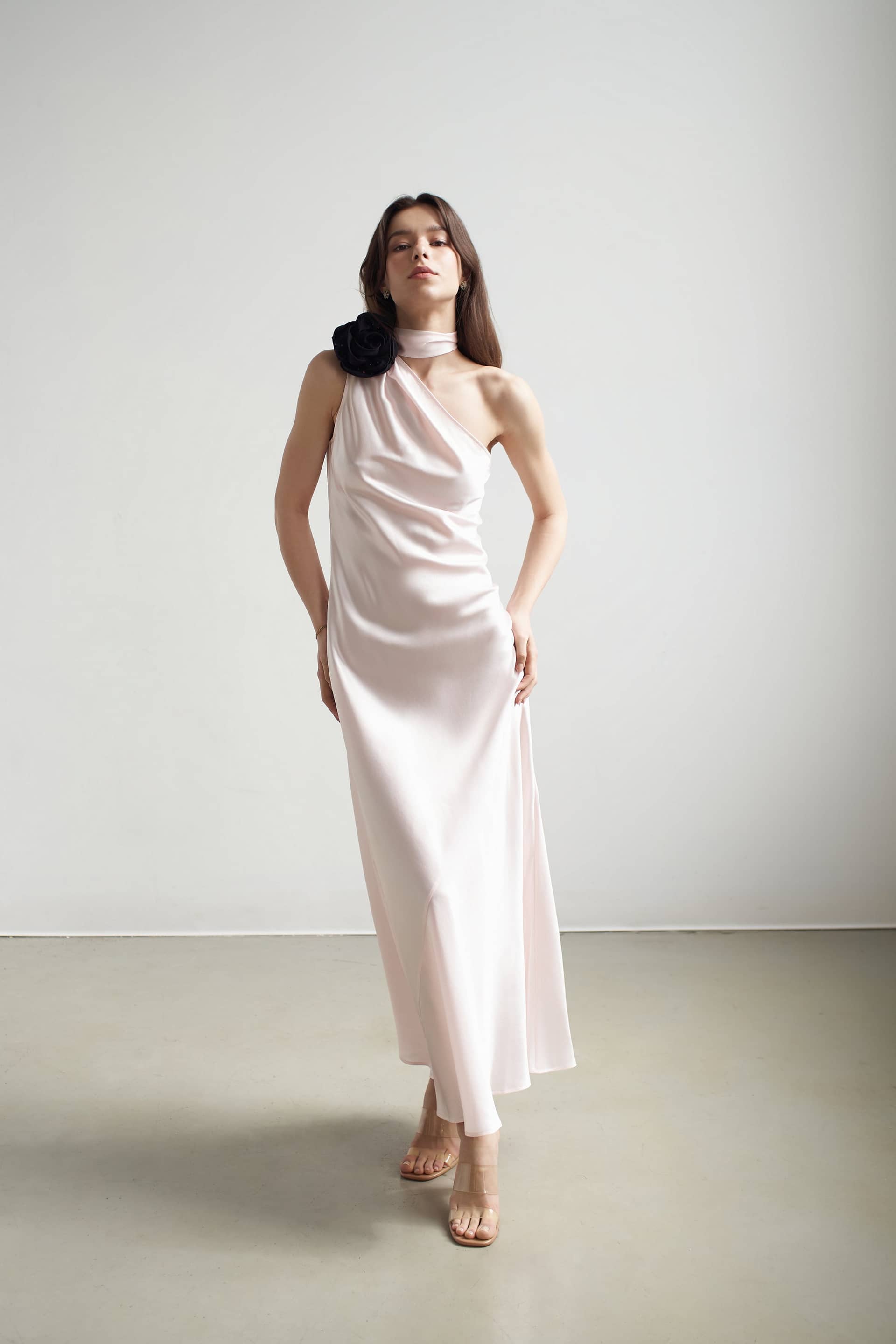 Portia Asymmetric Maxi Dress Pink With Black Crystallized Corsage made by Vasiliki
