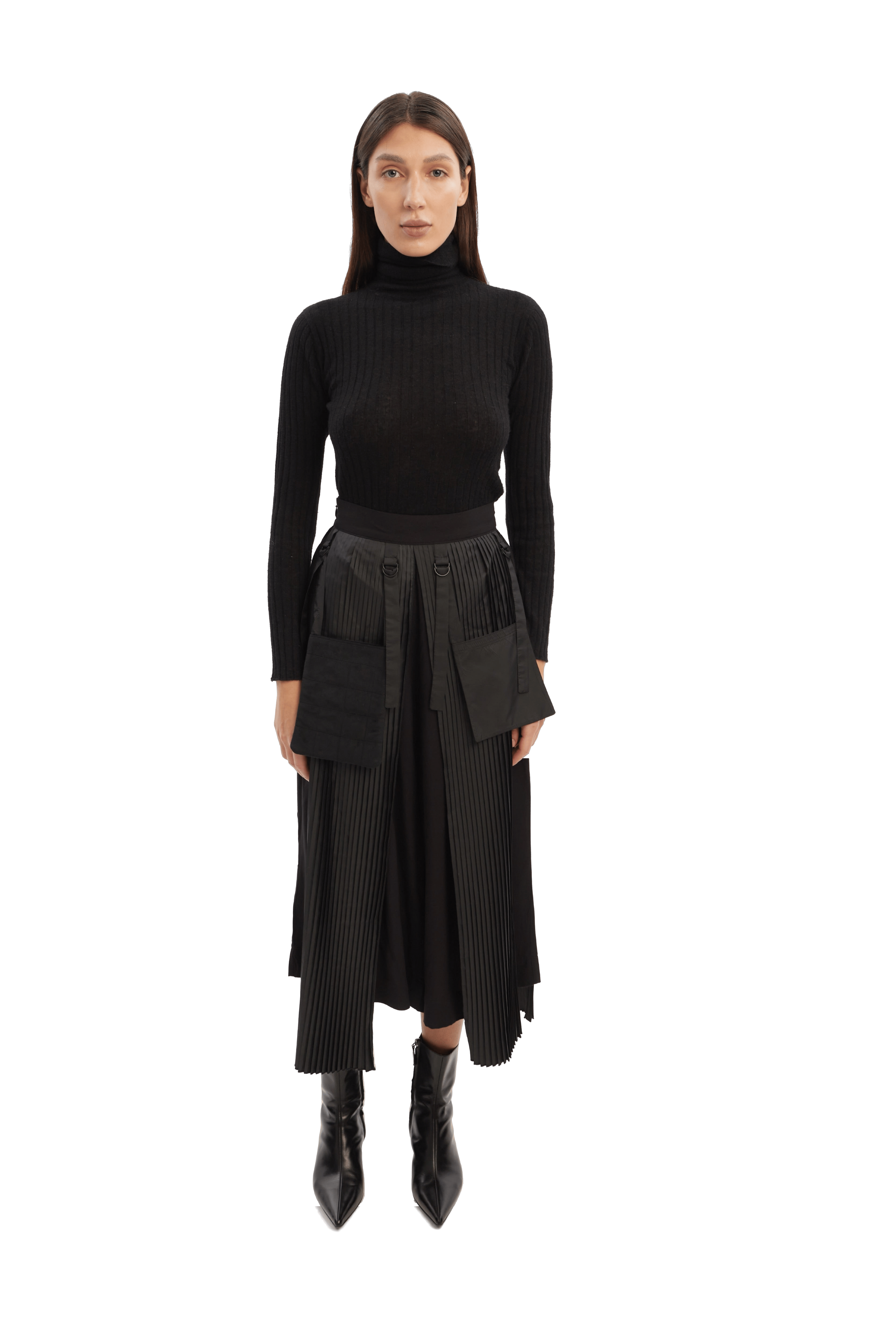 Culottes with pleated overwrap elements and detachable pockets made by Tamar Keburia