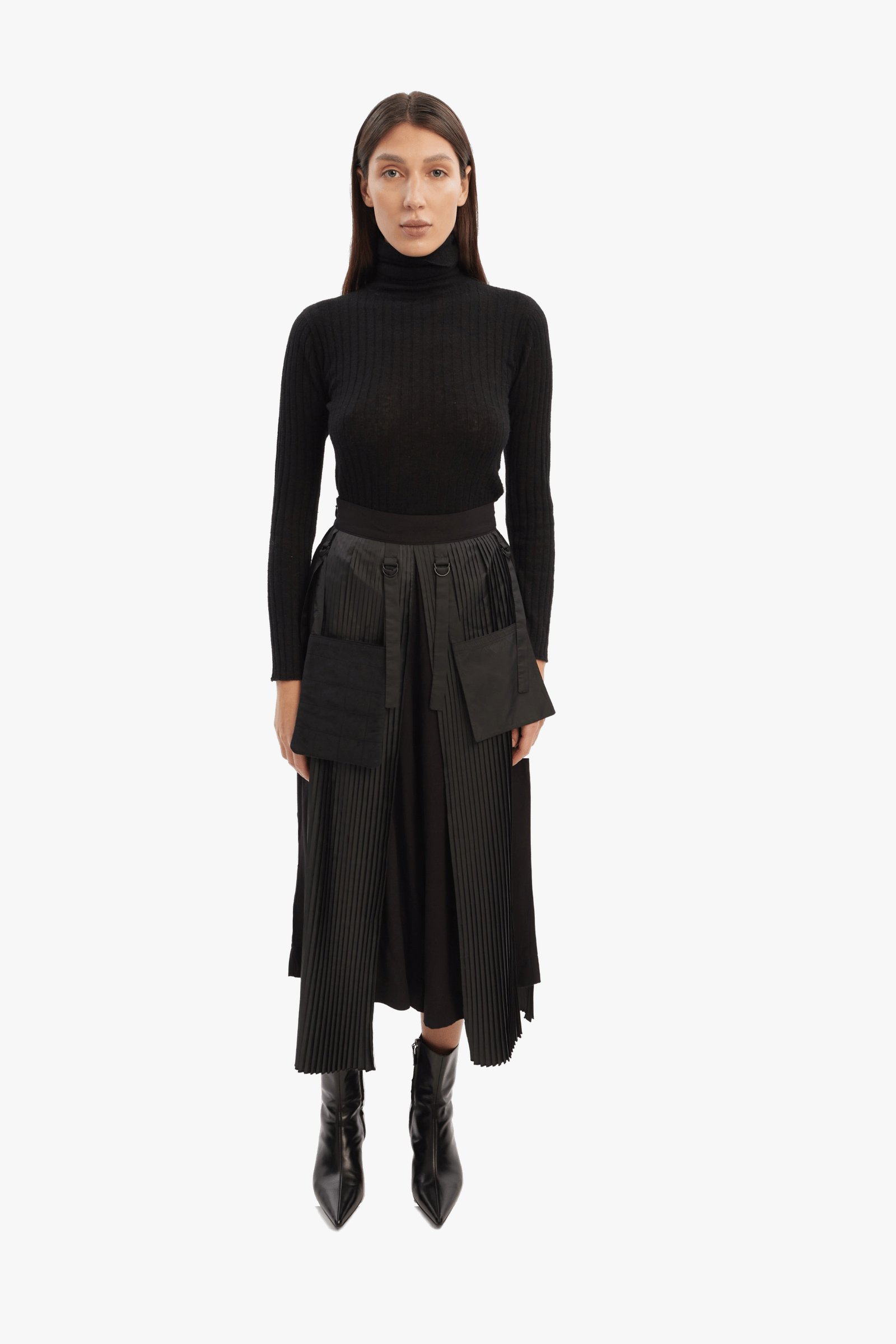 Culottes with pleated overwrap elements and detachable pockets made by Tamar Keburia