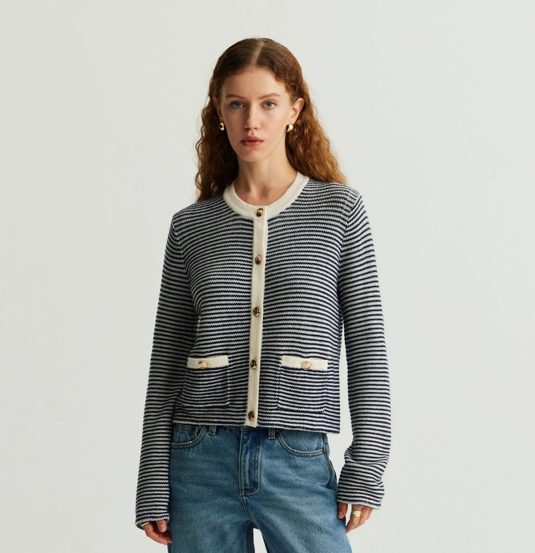 WOOL STRIPED CREWNECK CARDIGAN made by CRUSH Collection