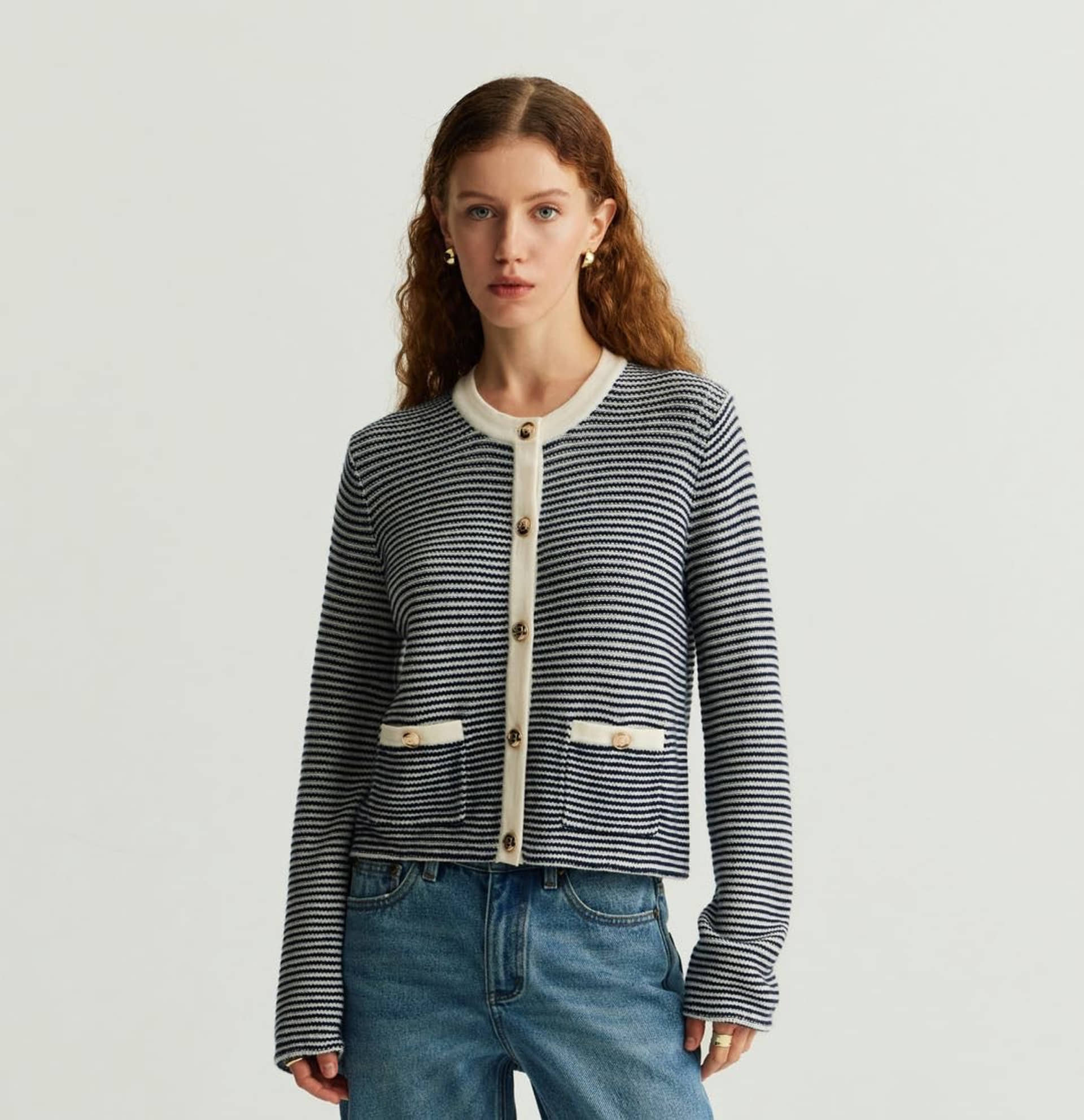 WOOL STRIPED CREWNECK CARDIGAN made by CRUSH Collection