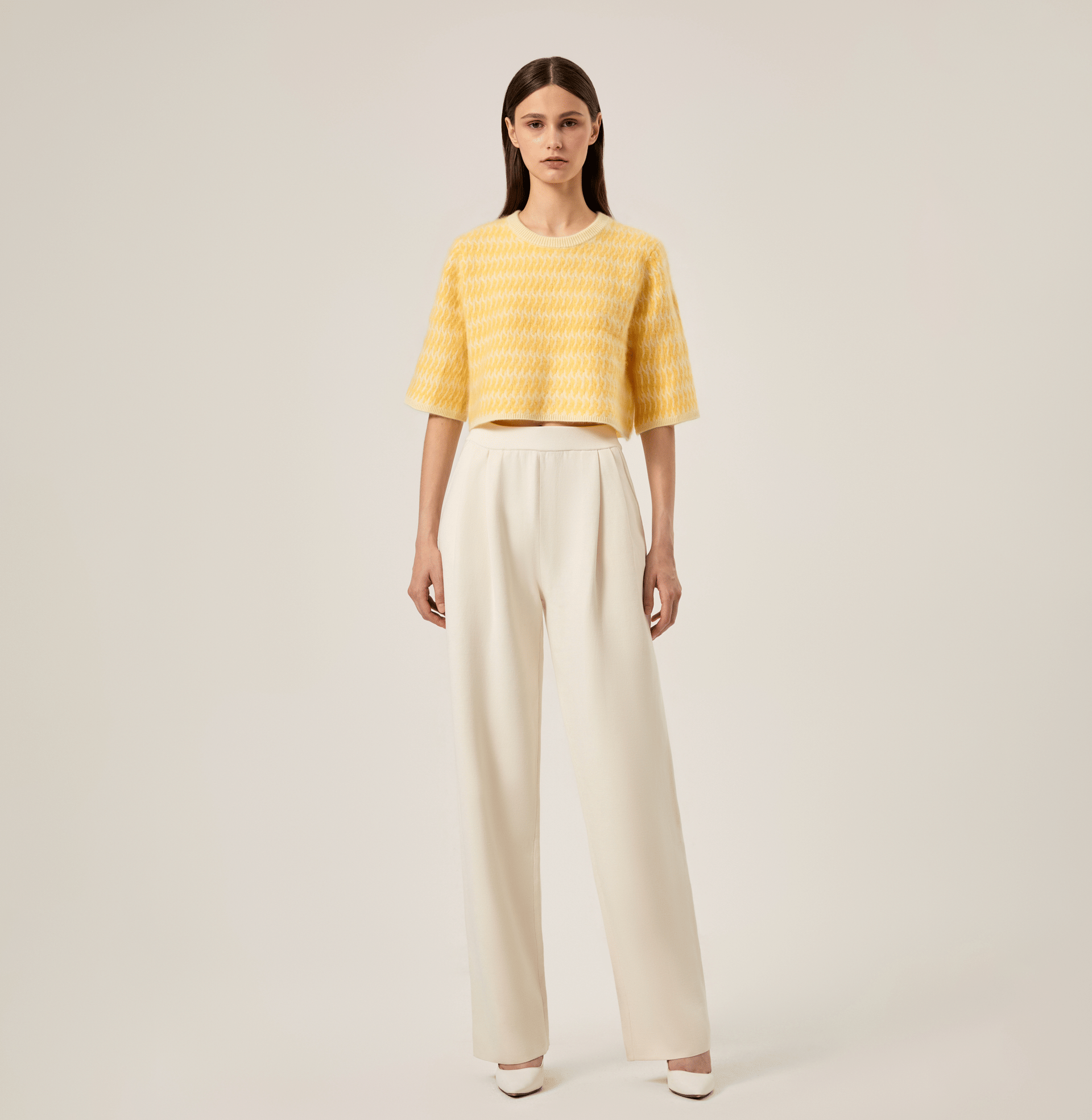 TWO-TONED FLUFFY CASHMERE CREWNECK CROPPED TOP in Yellow made by CRUSH Collection