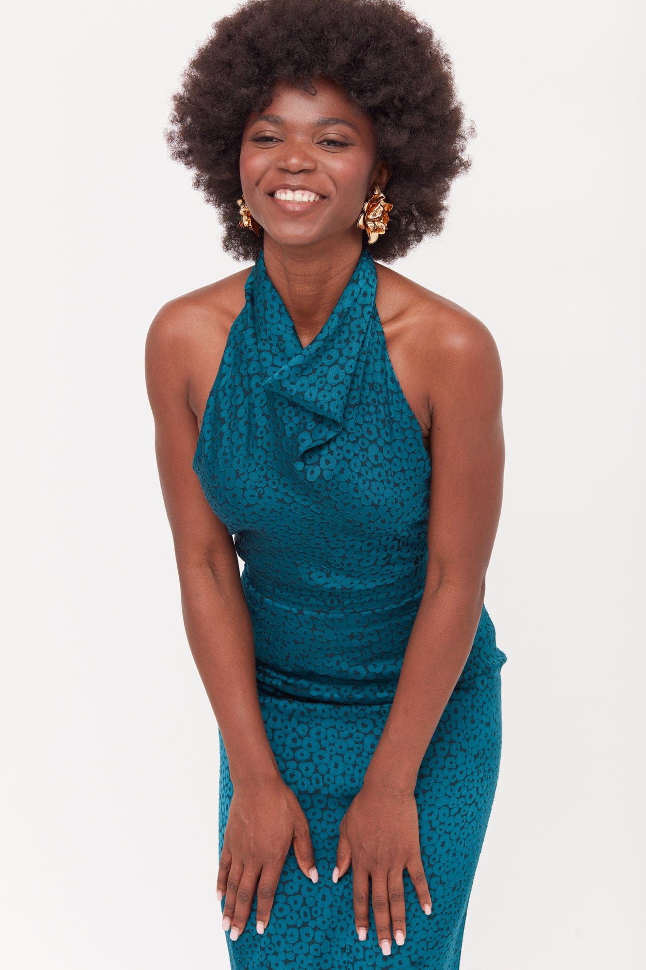 LARA Teal Blue Jacquard Fabric Midi Dress With Cowl Neck made by UNDRESS