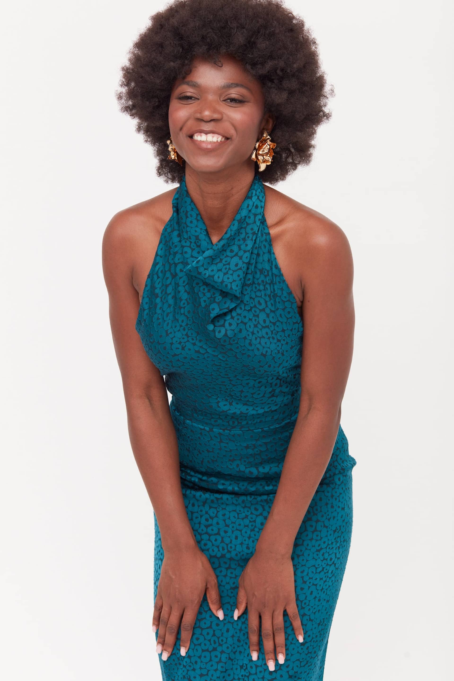 LARA Teal Blue Jacquard Fabric Midi Dress With Cowl Neck made by UNDRESS