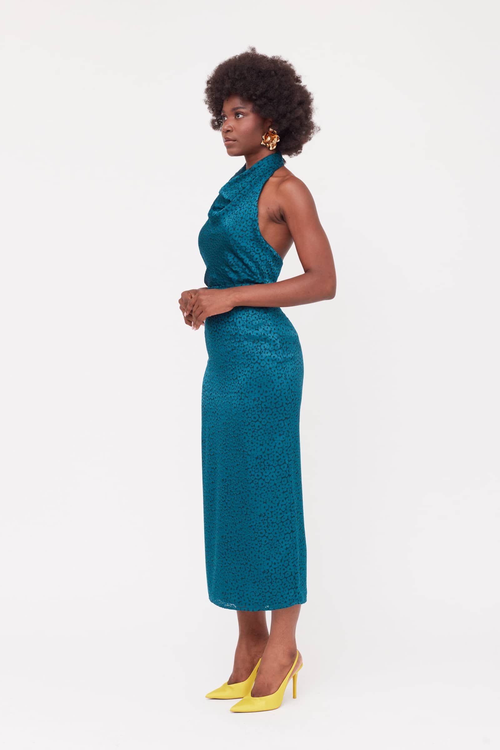 LARA Teal Blue Jacquard Fabric Midi Dress With Cowl Neck made by UNDRESS