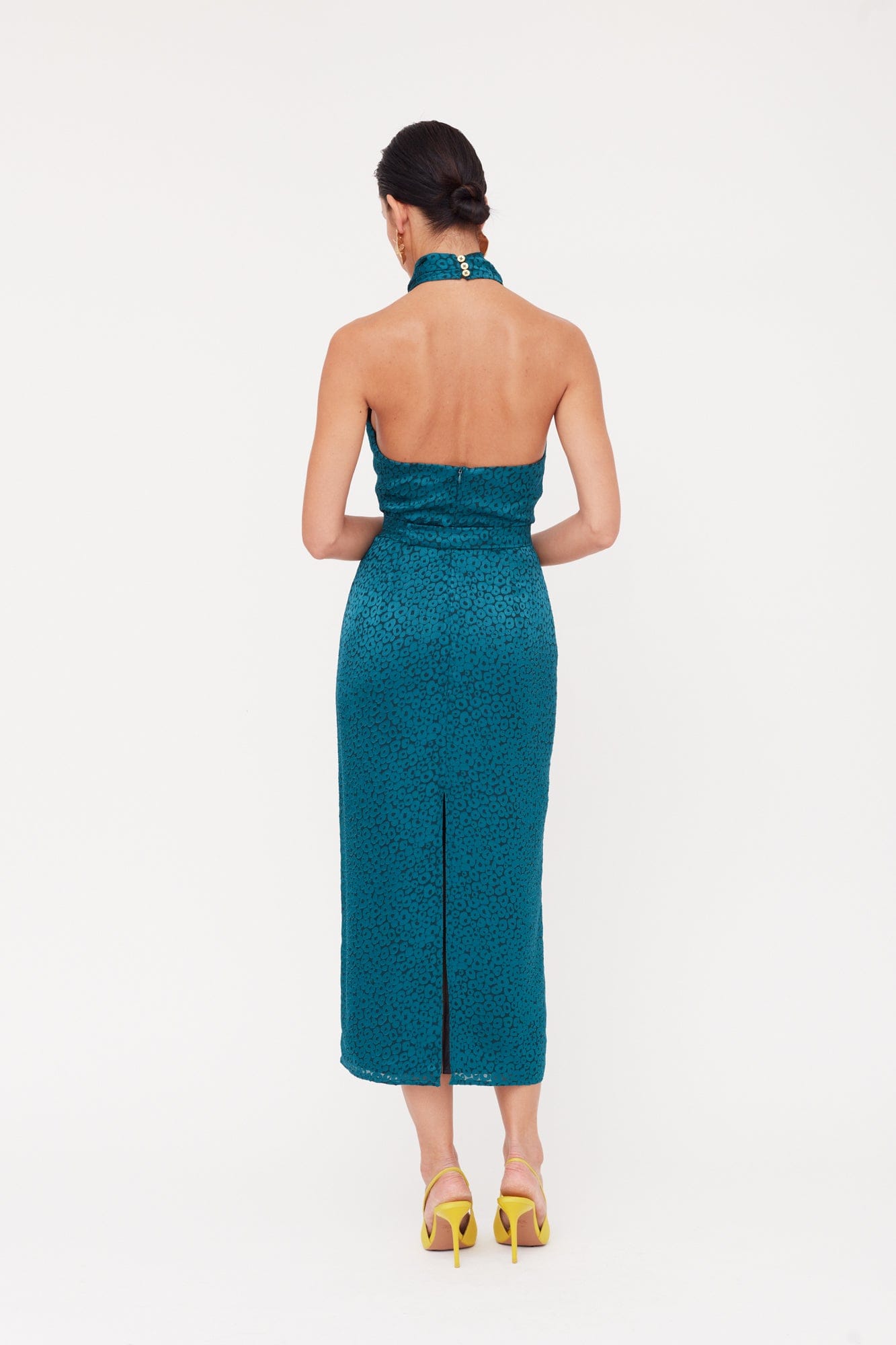 LARA Teal Blue Jacquard Fabric Midi Dress With Cowl Neck made by UNDRESS