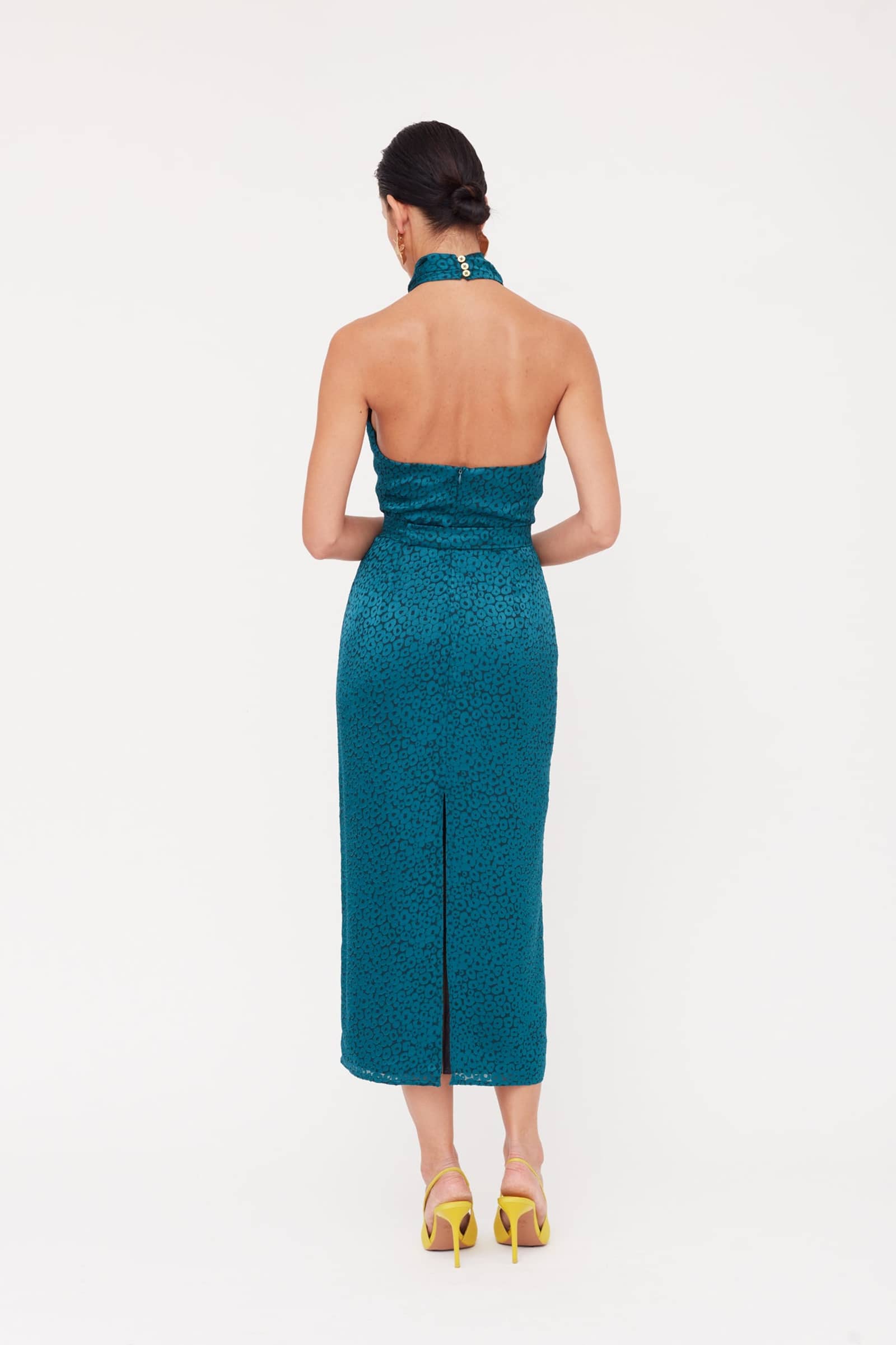 LARA Teal Blue Jacquard Fabric Midi Dress With Cowl Neck made by UNDRESS