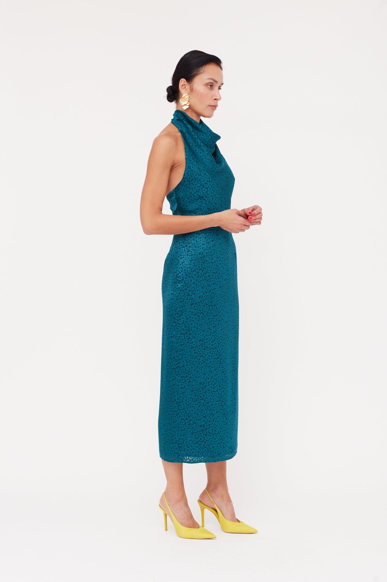 LARA Teal Blue Jacquard Fabric Midi Dress With Cowl Neck made by UNDRESS