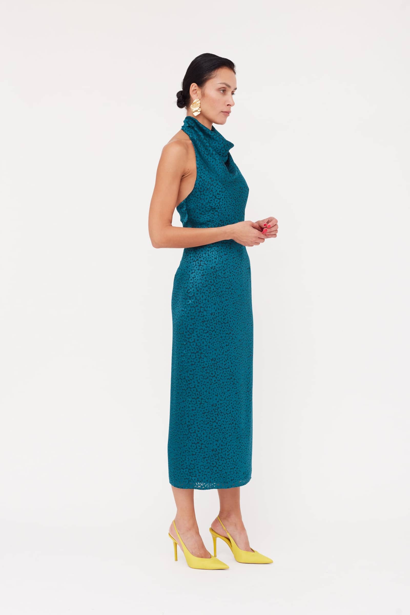 LARA Teal Blue Jacquard Fabric Midi Dress With Cowl Neck made by UNDRESS