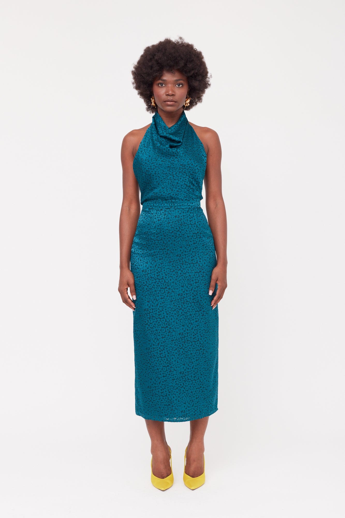 LARA Teal Blue Jacquard Fabric Midi Dress With Cowl Neck made by UNDRESS