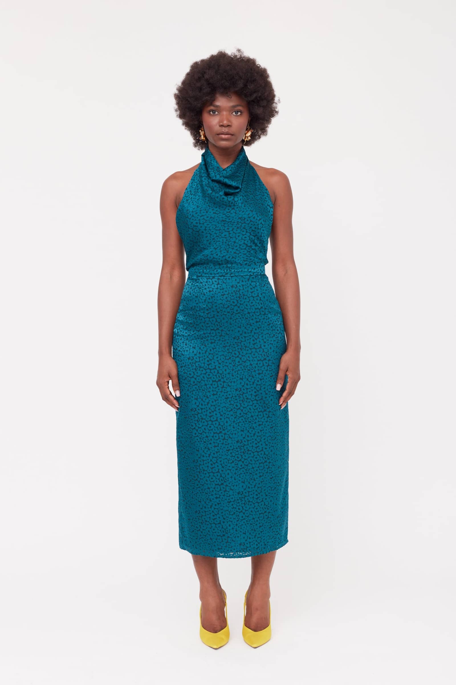 LARA Teal Blue Jacquard Fabric Midi Dress With Cowl Neck made by UNDRESS