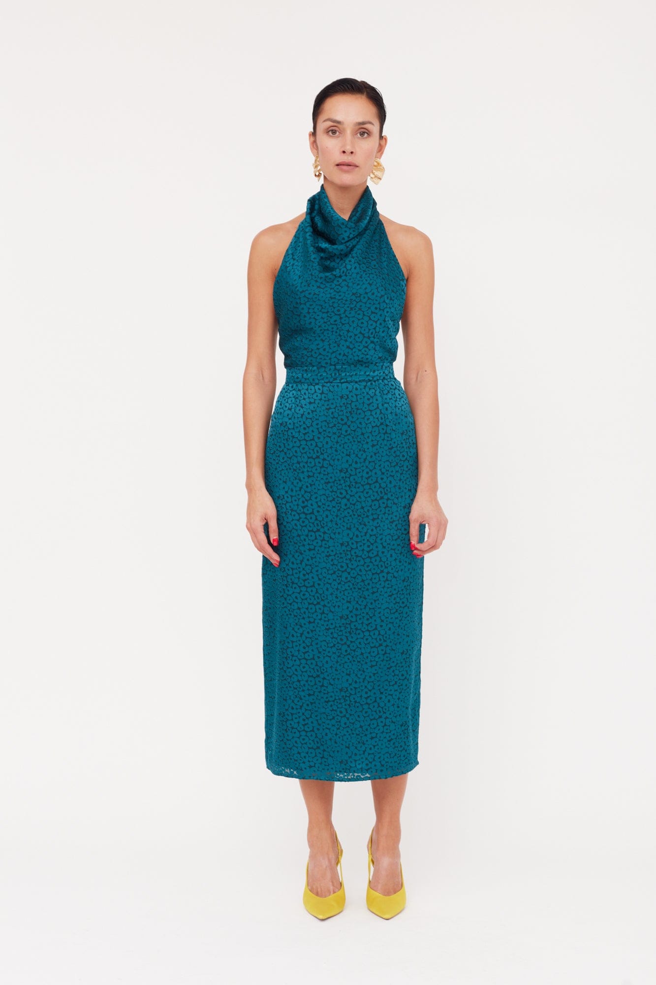LARA Teal Blue Jacquard Fabric Midi Dress With Cowl Neck made by UNDRESS