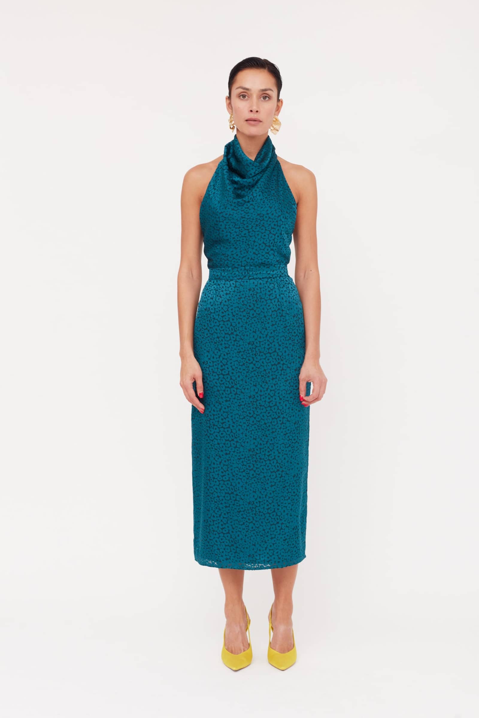 LARA Teal Blue Jacquard Fabric Midi Dress With Cowl Neck made by UNDRESS