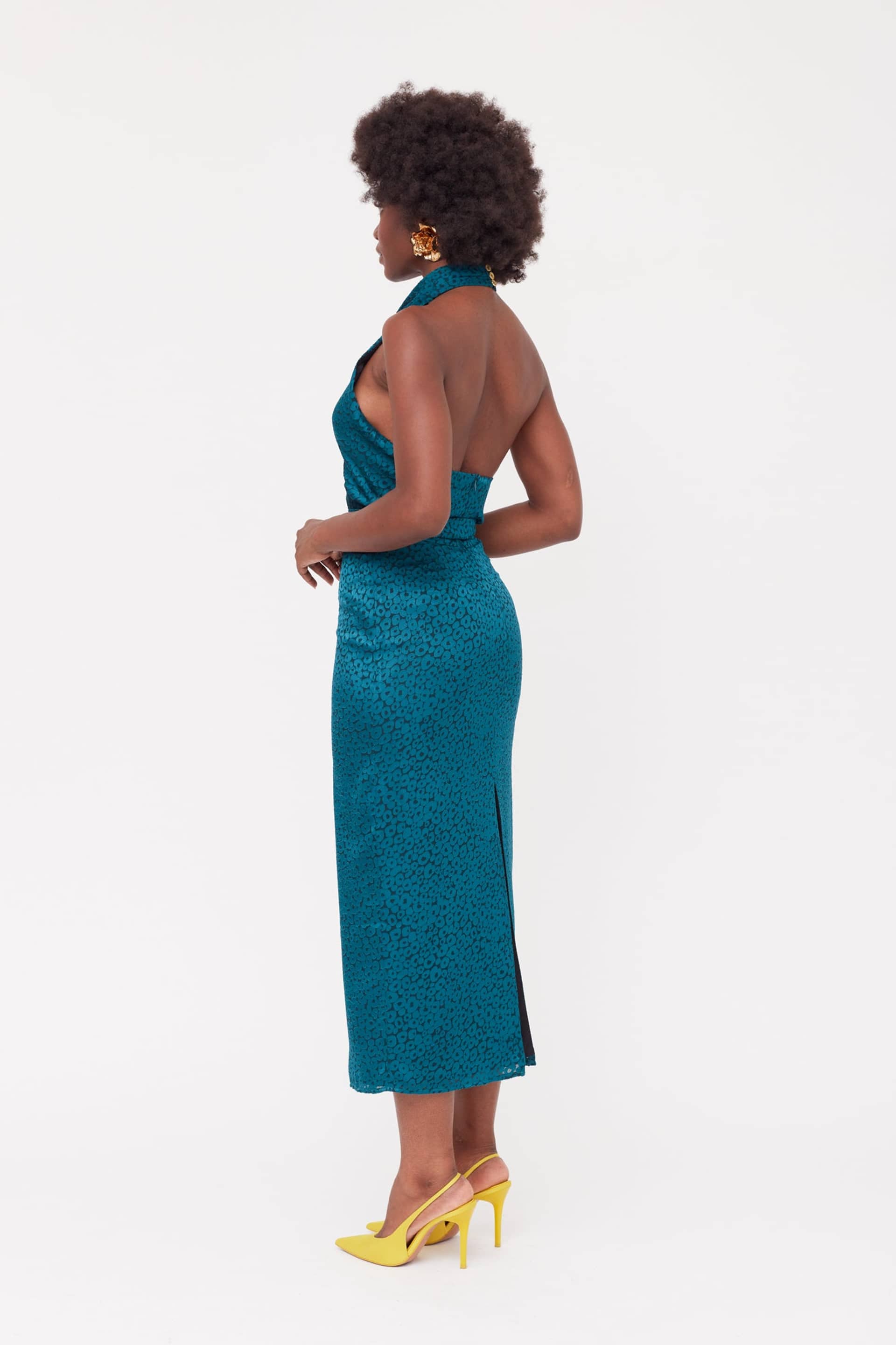 LARA Teal Blue Jacquard Fabric Midi Dress With Cowl Neck made by UNDRESS