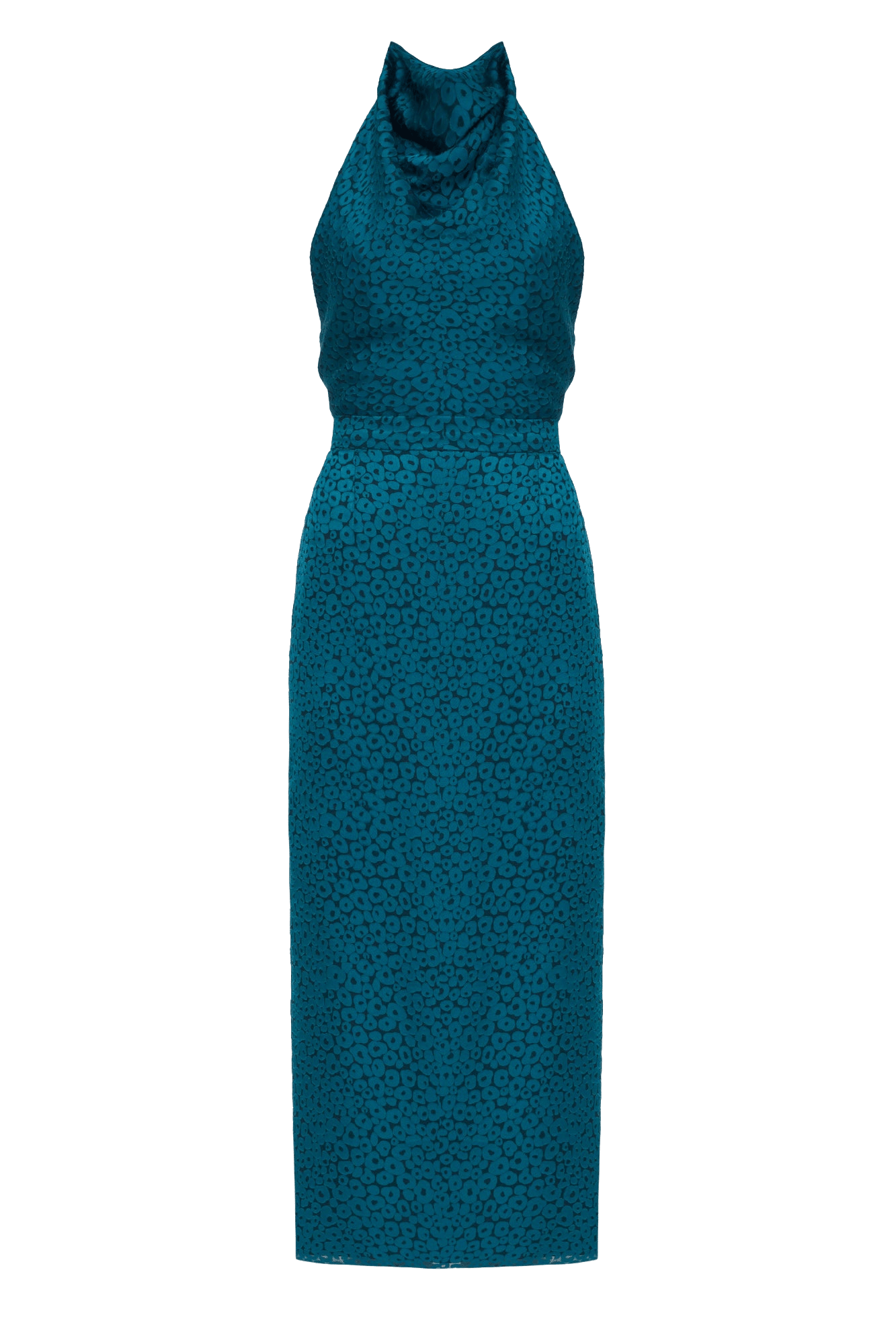 LARA Teal Blue Jacquard Fabric Midi Dress With Cowl Neck made by UNDRESS