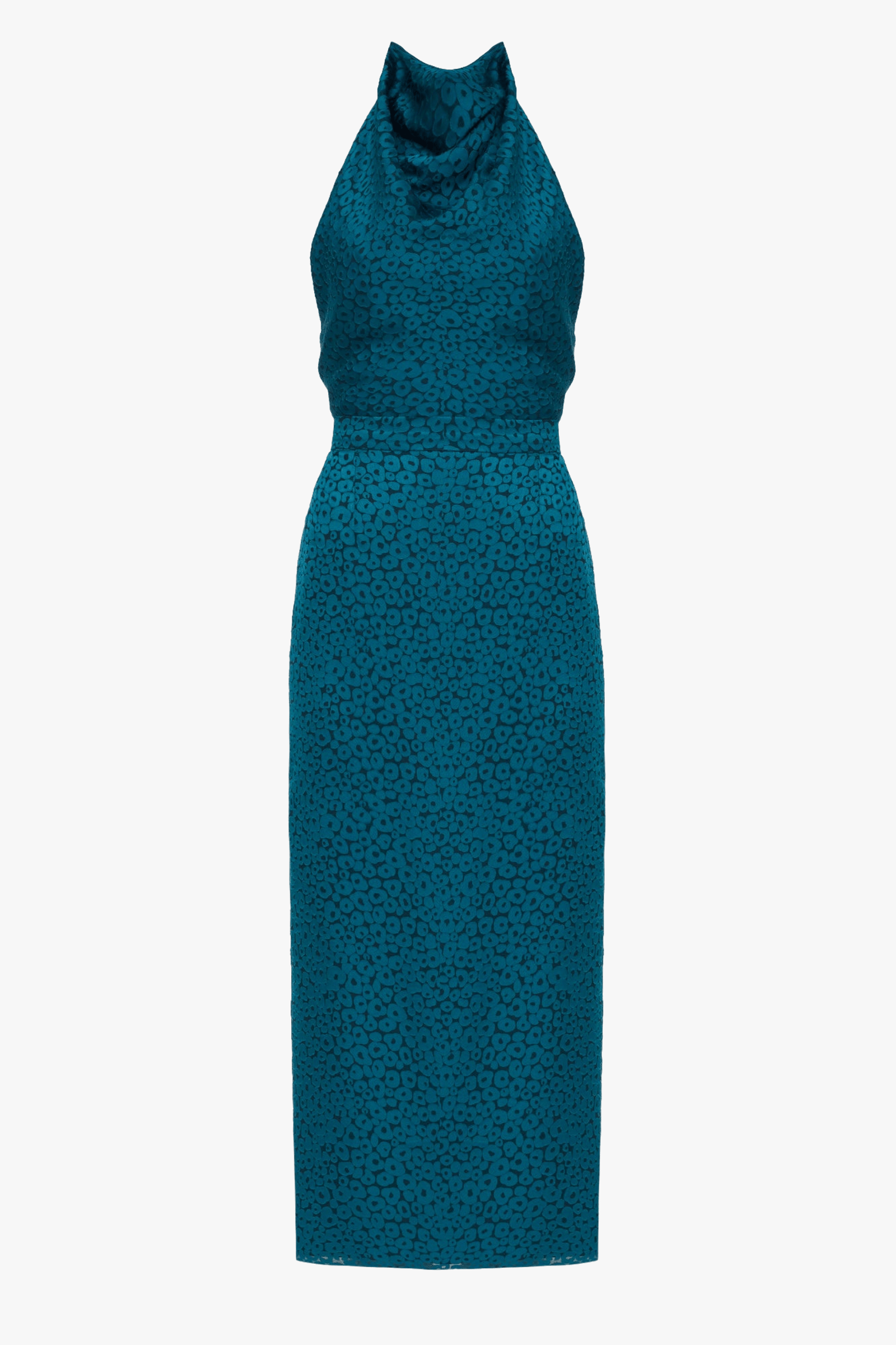 LARA Teal Blue Jacquard Fabric Midi Dress With Cowl Neck made by UNDRESS