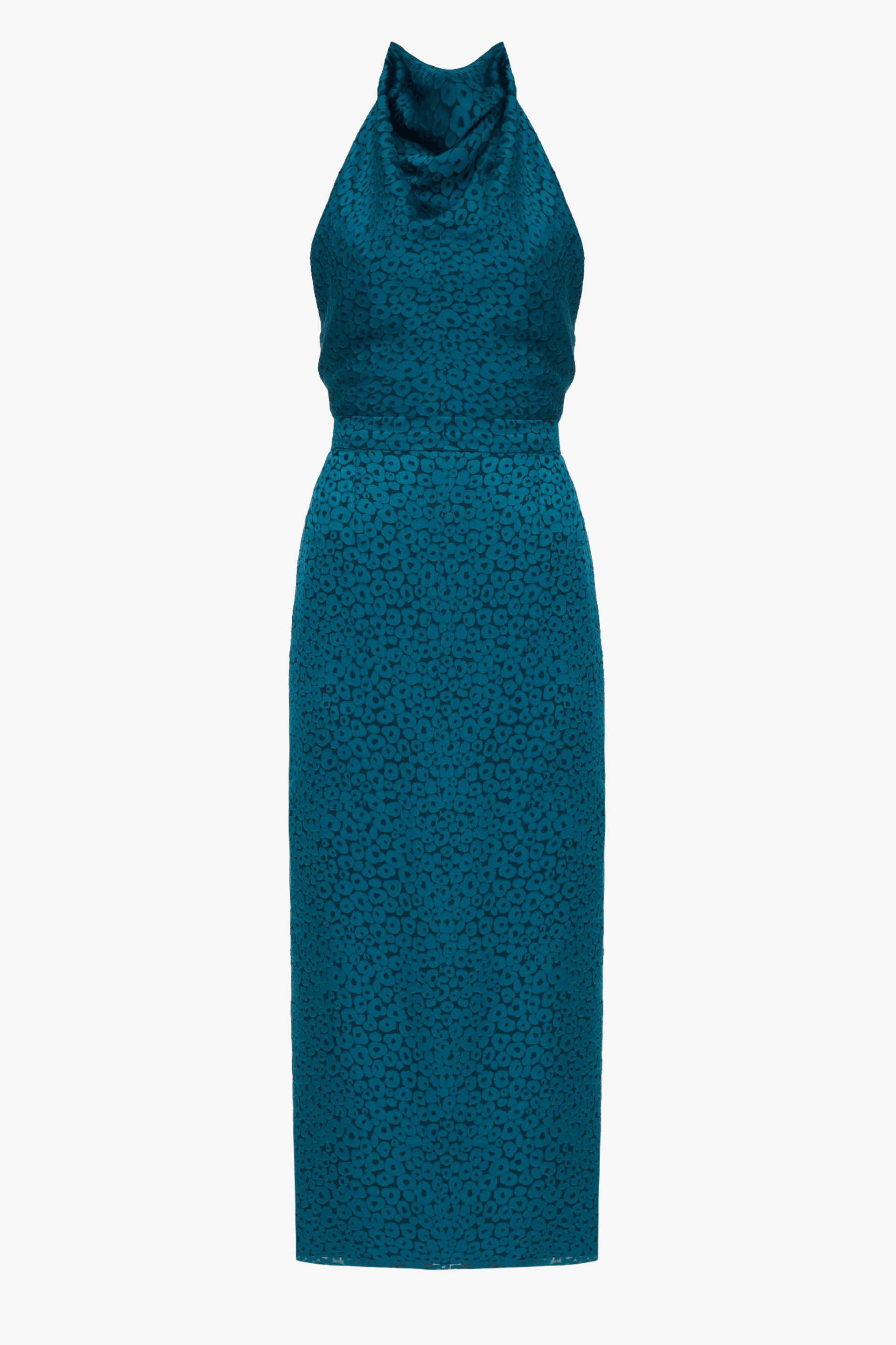 LARA Teal Blue Jacquard Fabric Midi Dress With Cowl Neck made by UNDRESS