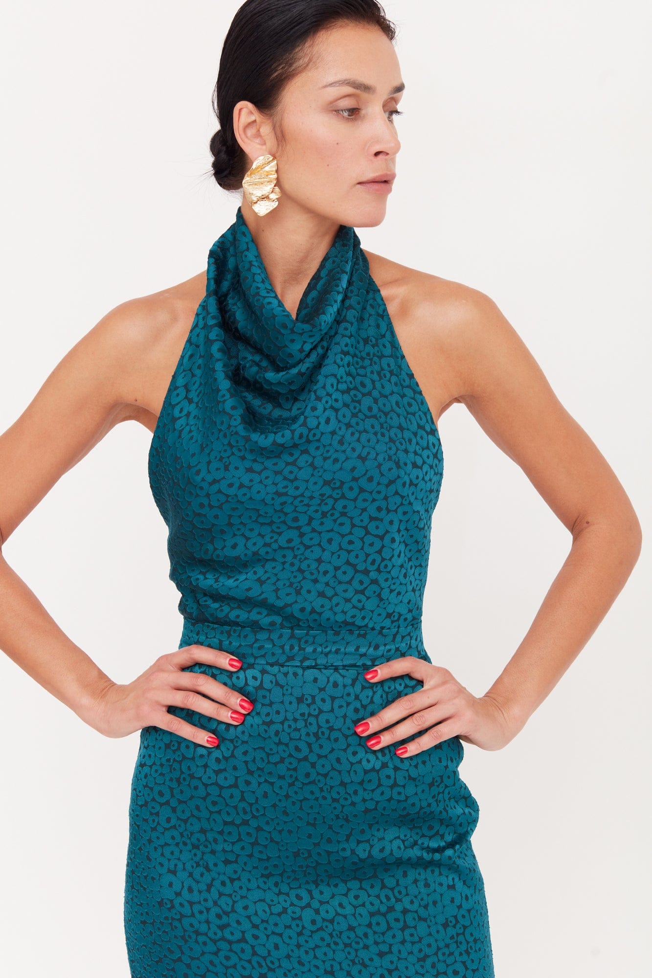 LARA Teal Blue Jacquard Fabric Midi Dress With Cowl Neck made by UNDRESS