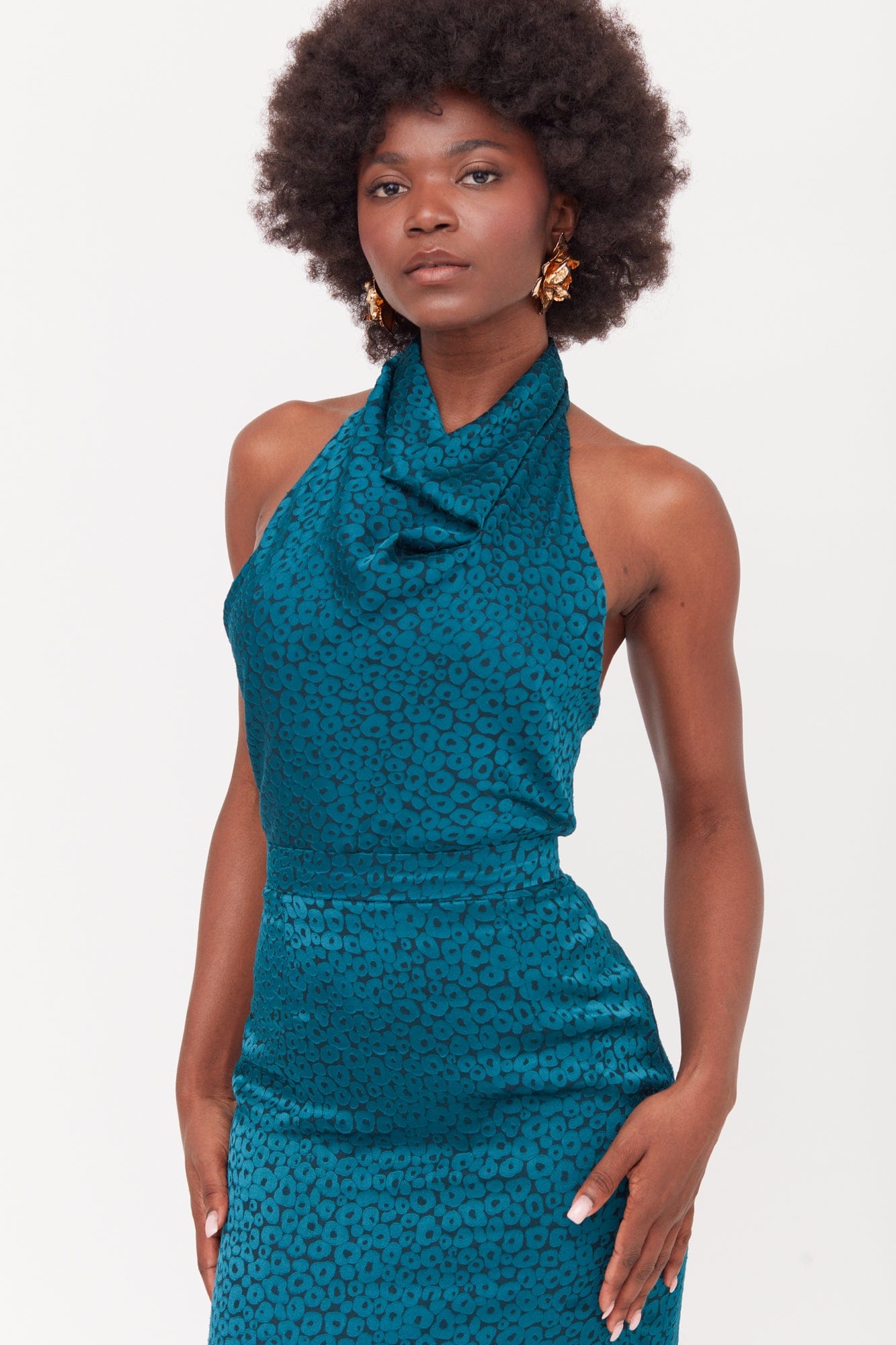LARA Teal Blue Jacquard Fabric Midi Dress With Cowl Neck made by UNDRESS