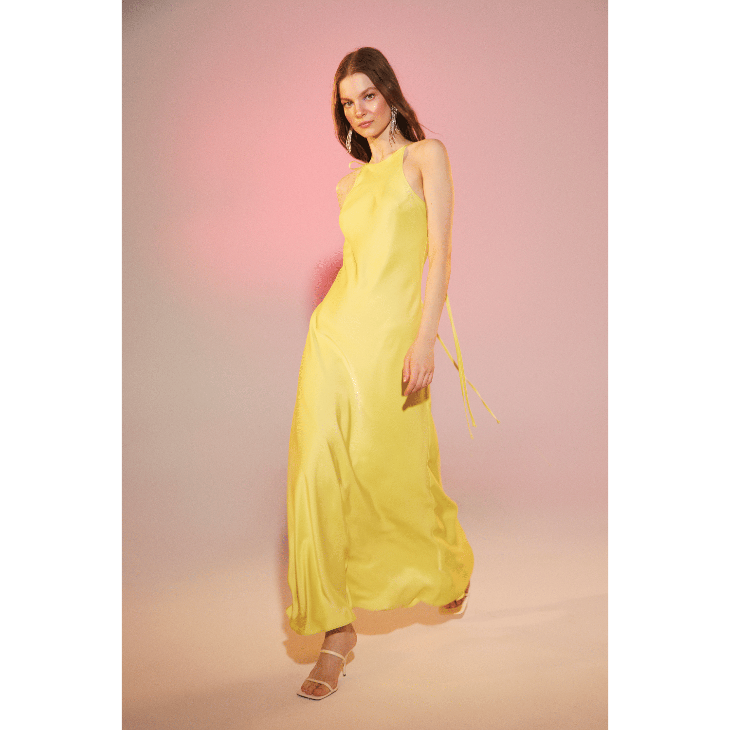 Addie Satin Long Dress in Lime Light in Green made by Nazli Ceren