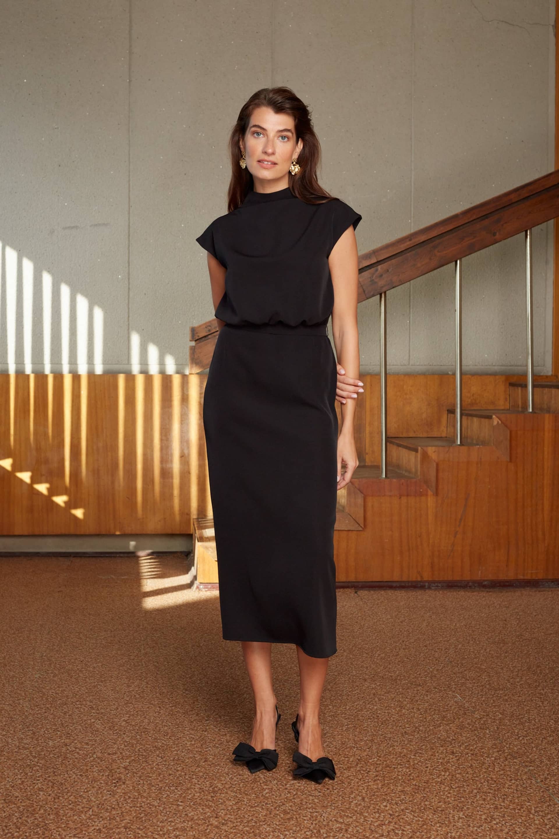 TESSA black short kimono sleeves elegant midi dress made by UNDRESS