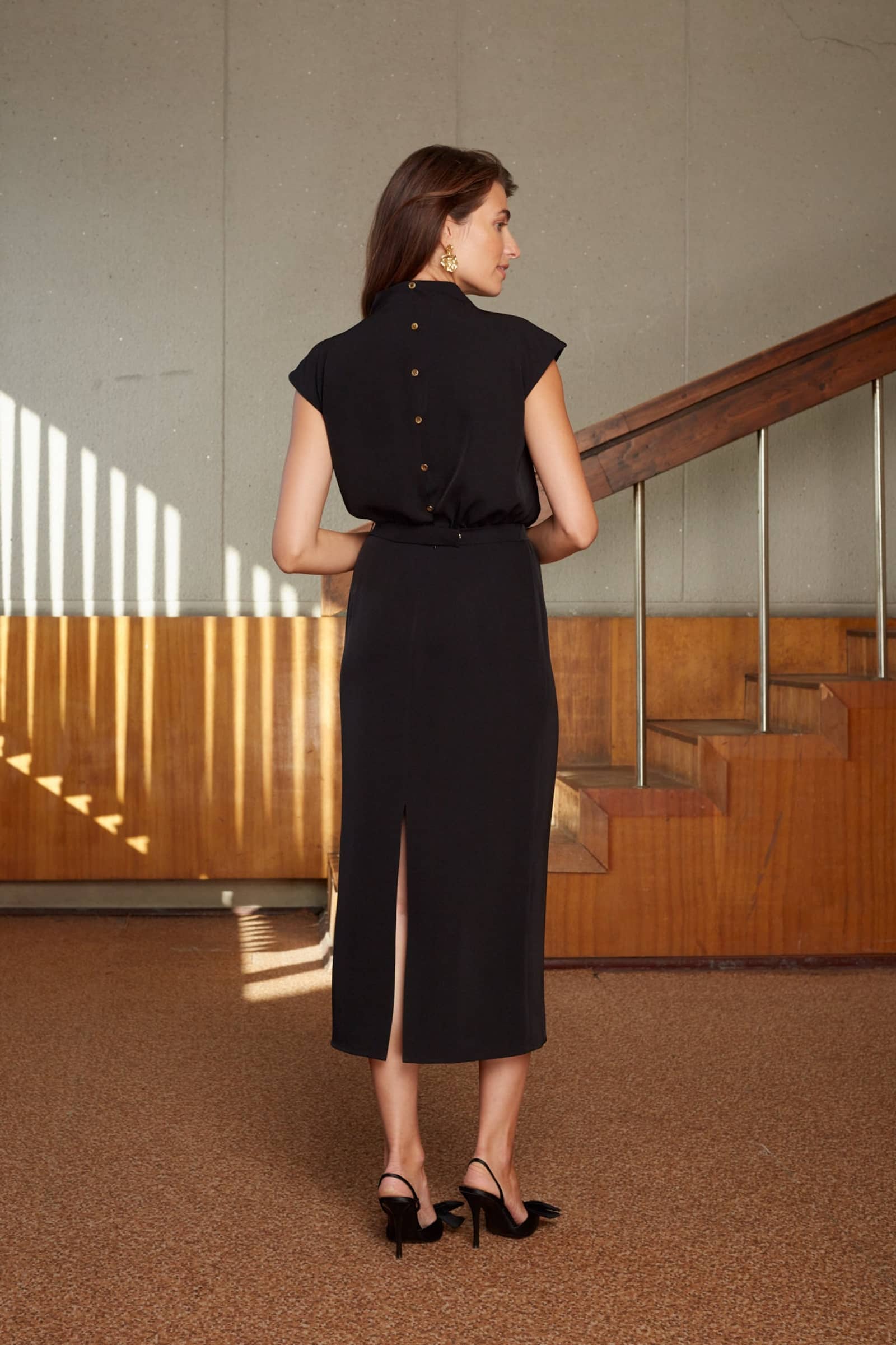 TESSA black short kimono sleeves elegant midi dress made by UNDRESS