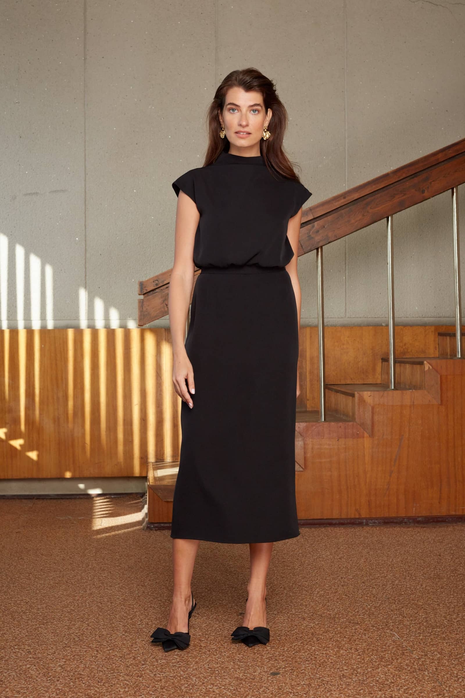 TESSA black short kimono sleeves elegant midi dress made by UNDRESS