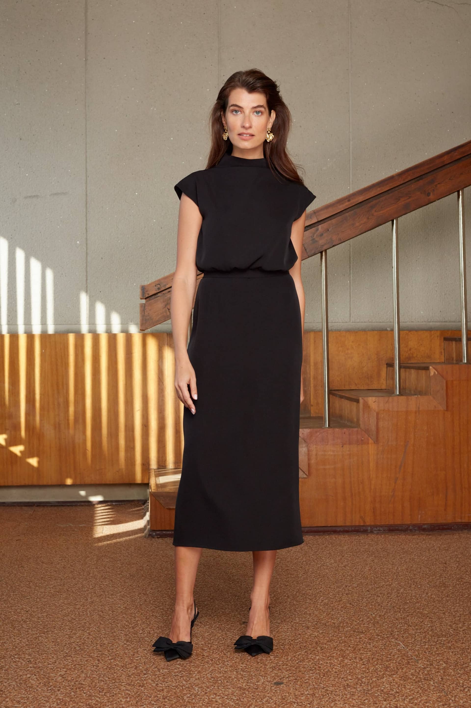 TESSA black short kimono sleeves elegant midi dress made by UNDRESS