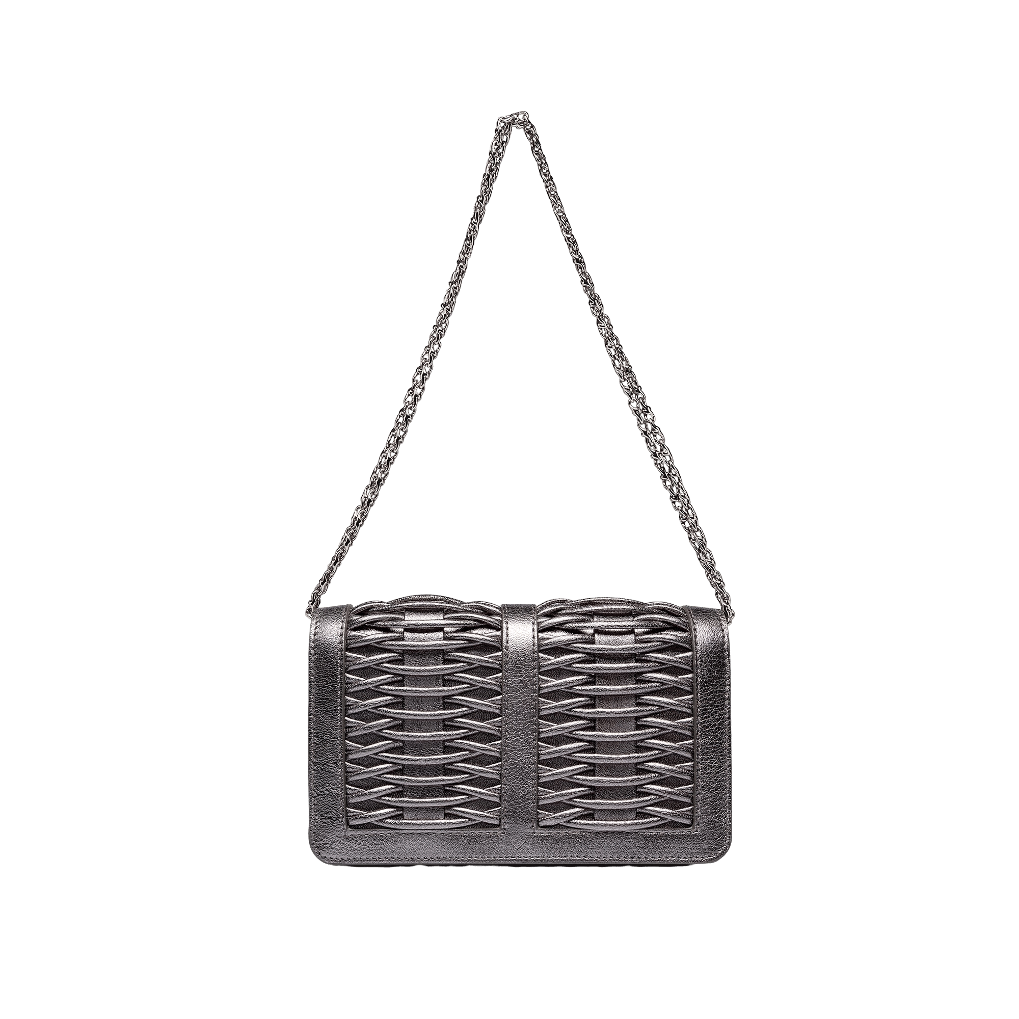 Lea pewter metallic braided clutch made by Yliana Yepez
