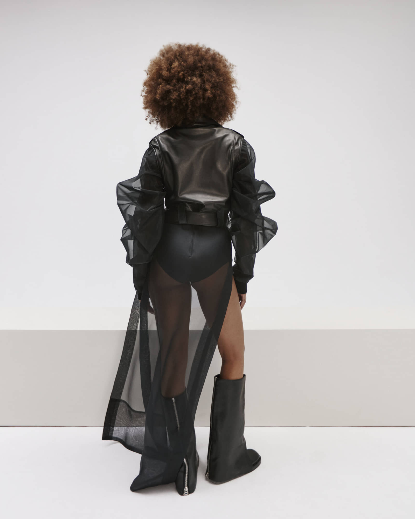 Cropped Leather Jacket With Silk Organza Sleeves made by YAVORSKA