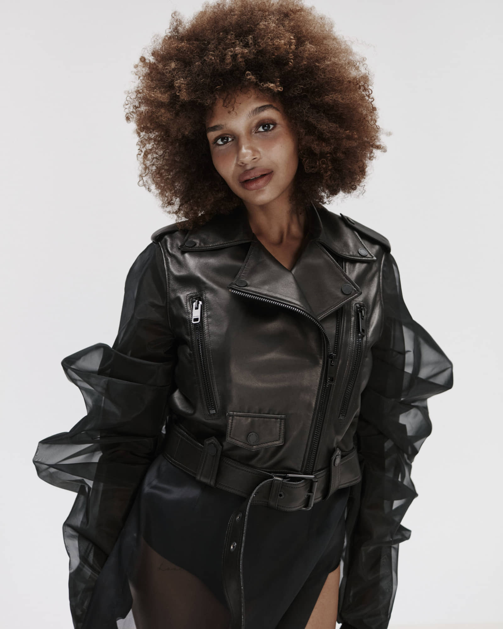 Cropped Leather Jacket With Silk Organza Sleeves made by YAVORSKA