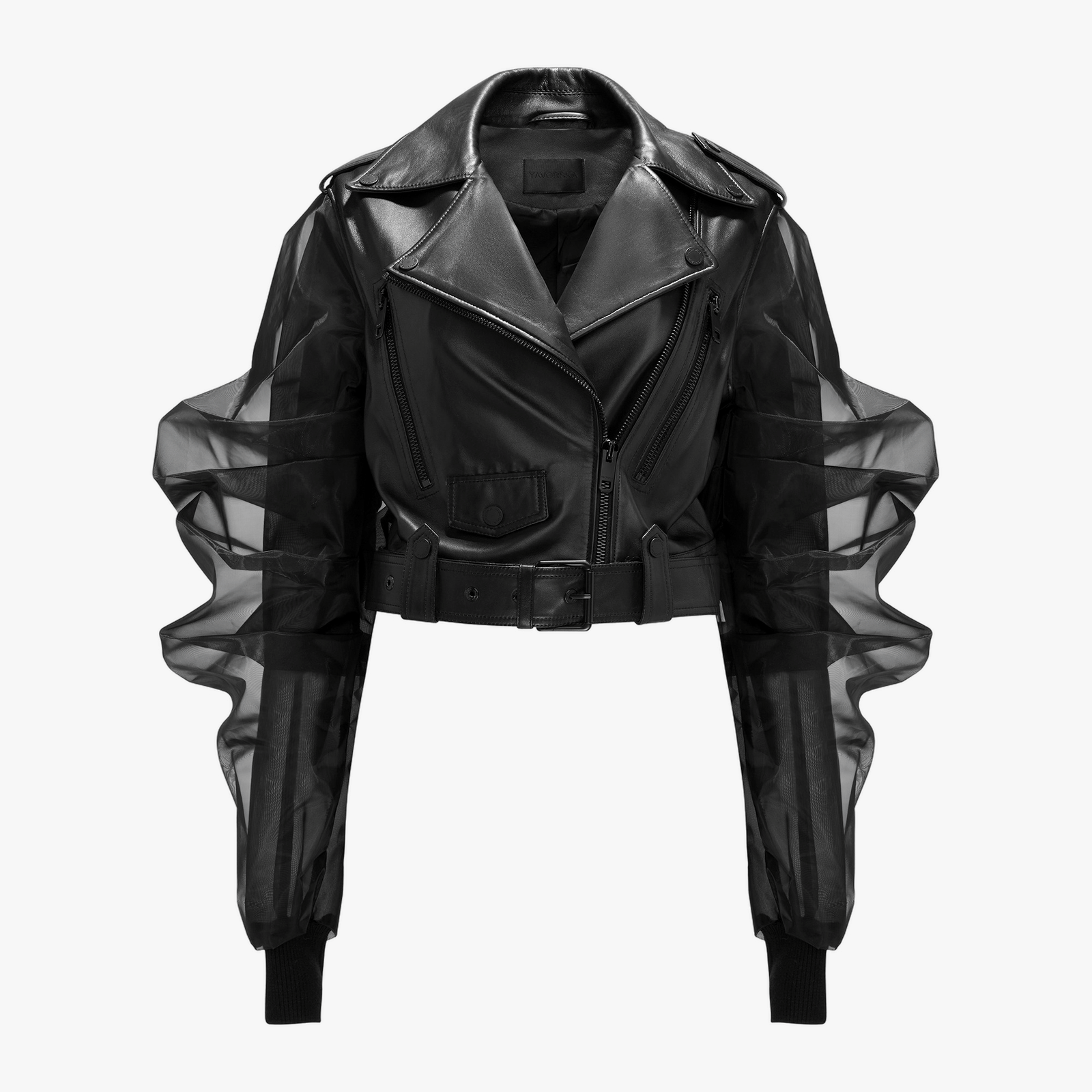 Cropped Leather Jacket With Silk Organza Sleeves made by YAVORSKA