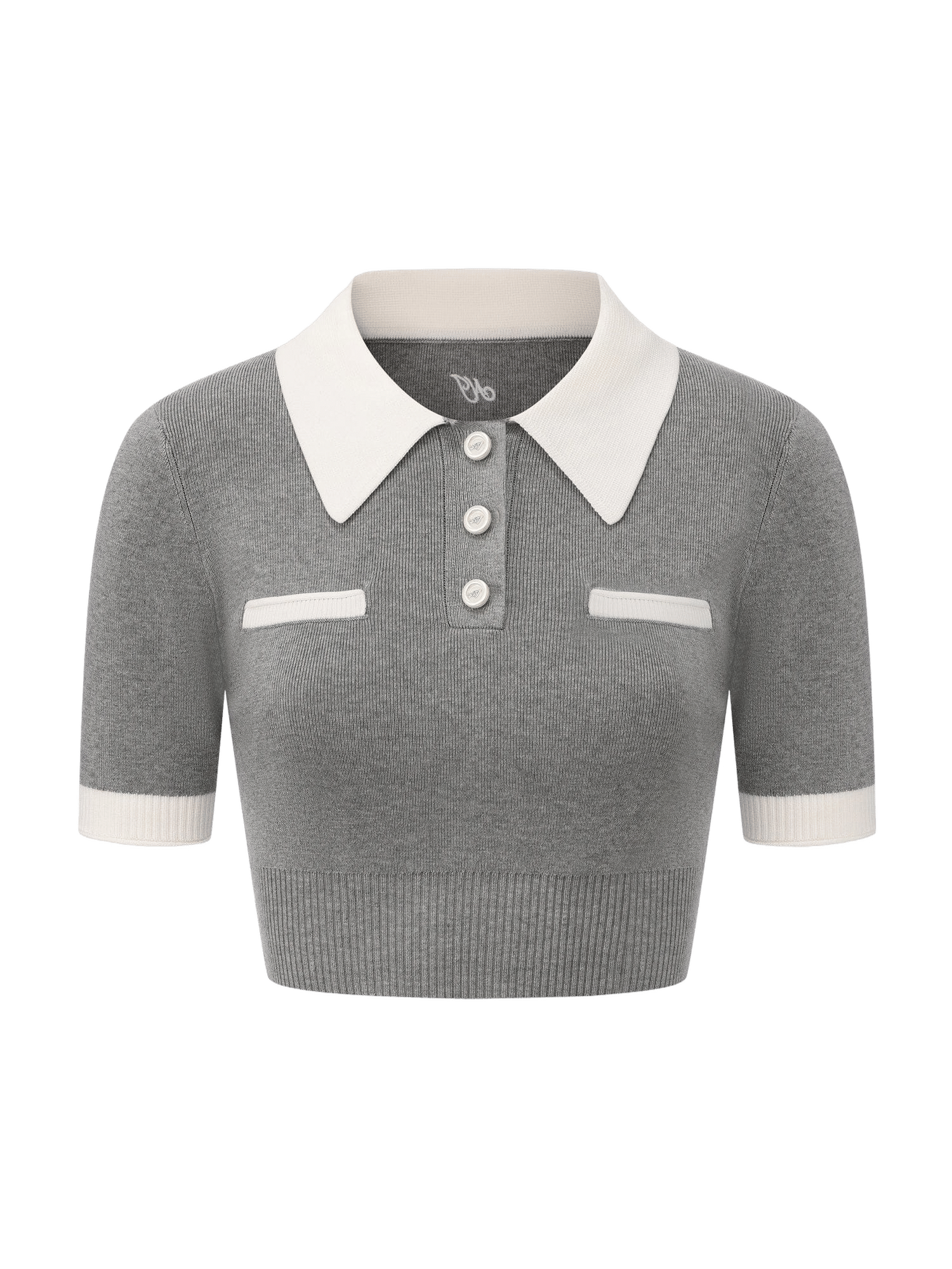 Mia Contrast-Collar Grey Short Sleeve Knit Top made by Nana Jacqueline