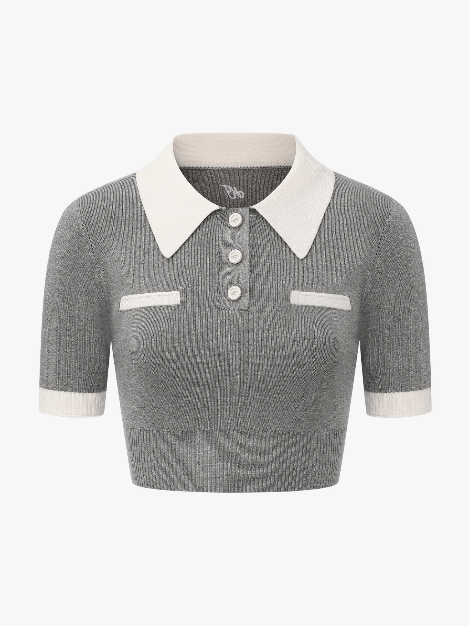 Mia Contrast-Collar Grey Short Sleeve Knit Top made by Nana Jacqueline