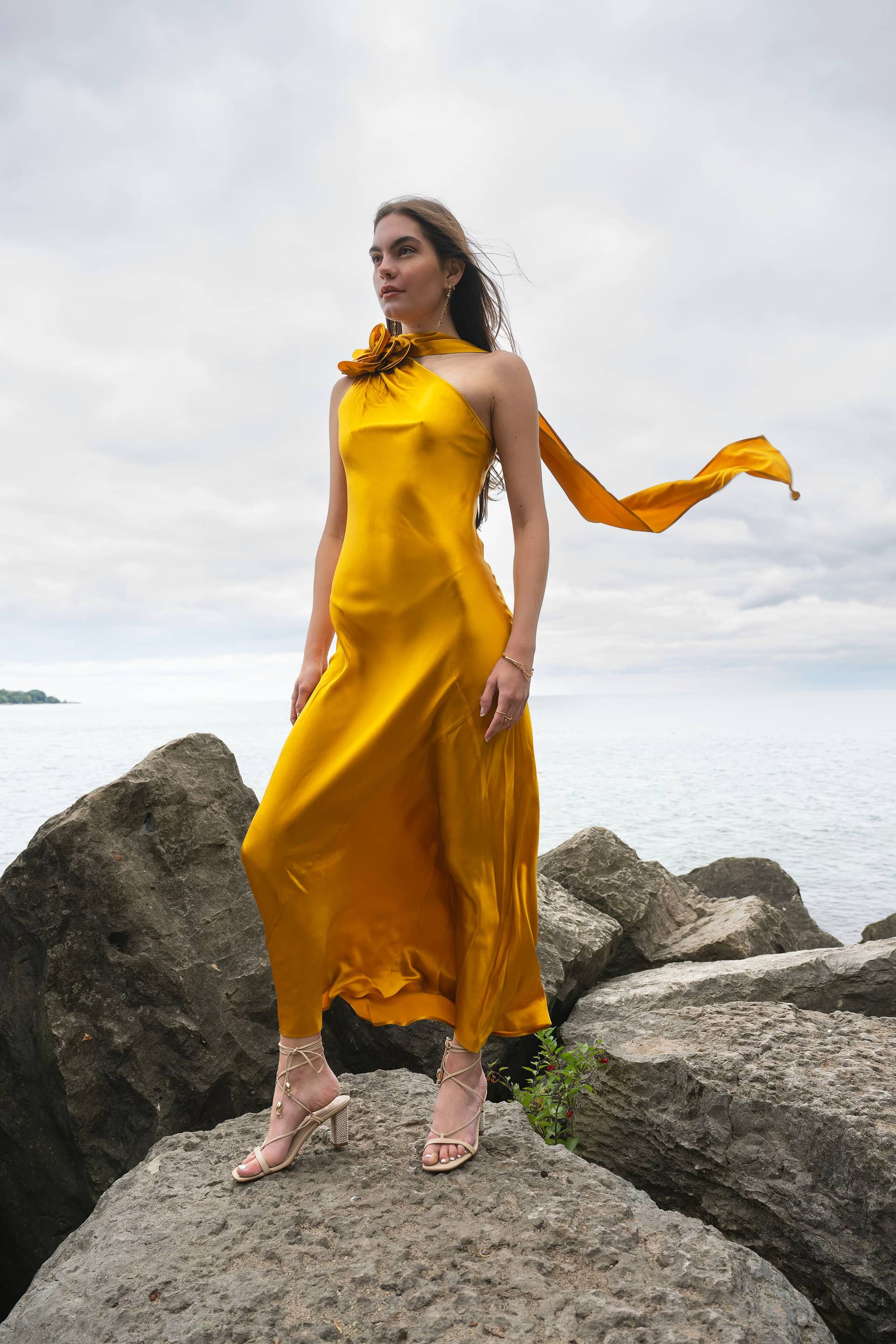 Amal Silk Slip Dress with Floral Corsage in Yellow made by Vasiliki