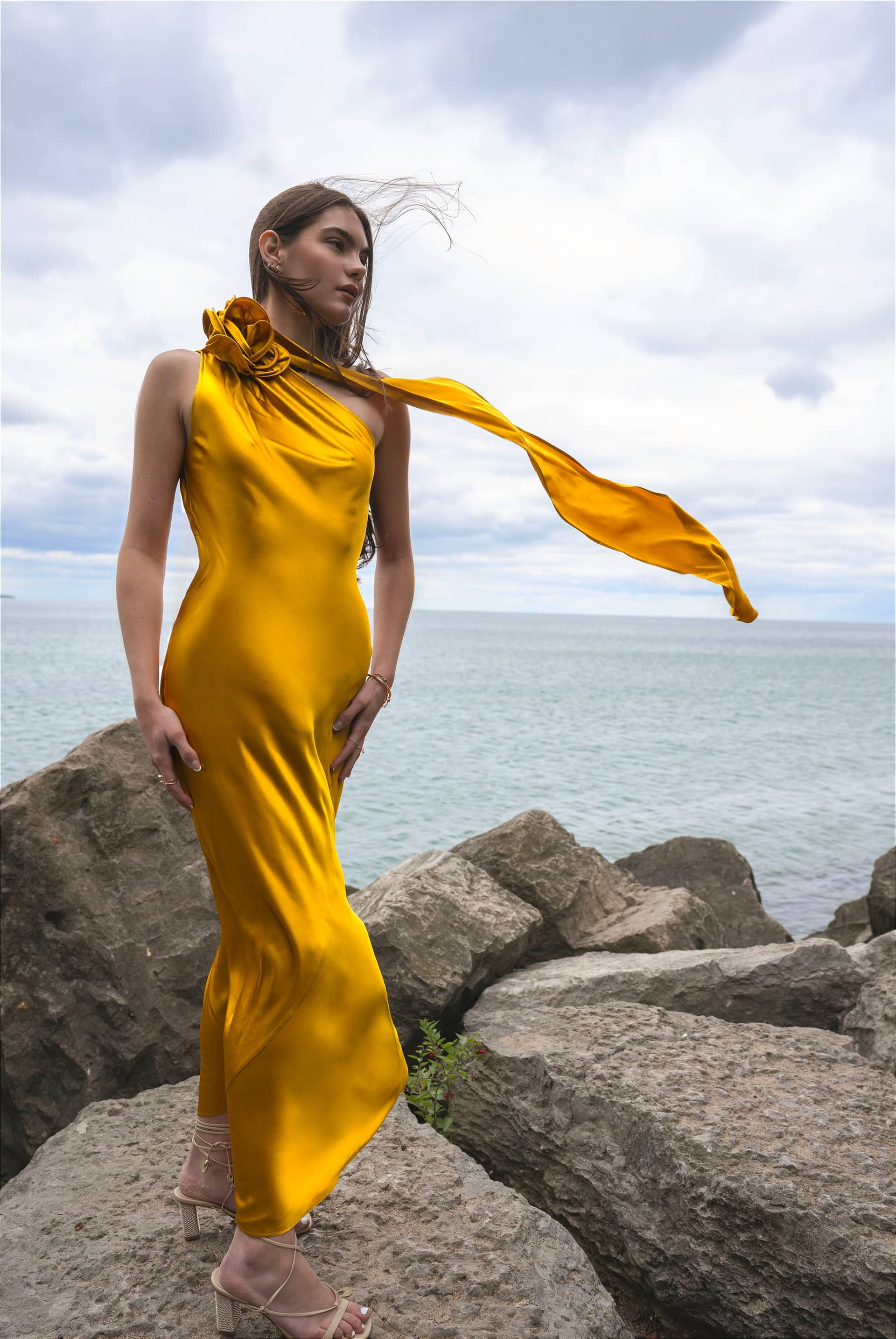 Amal Silk Slip Dress with Floral Corsage in Yellow made by Vasiliki