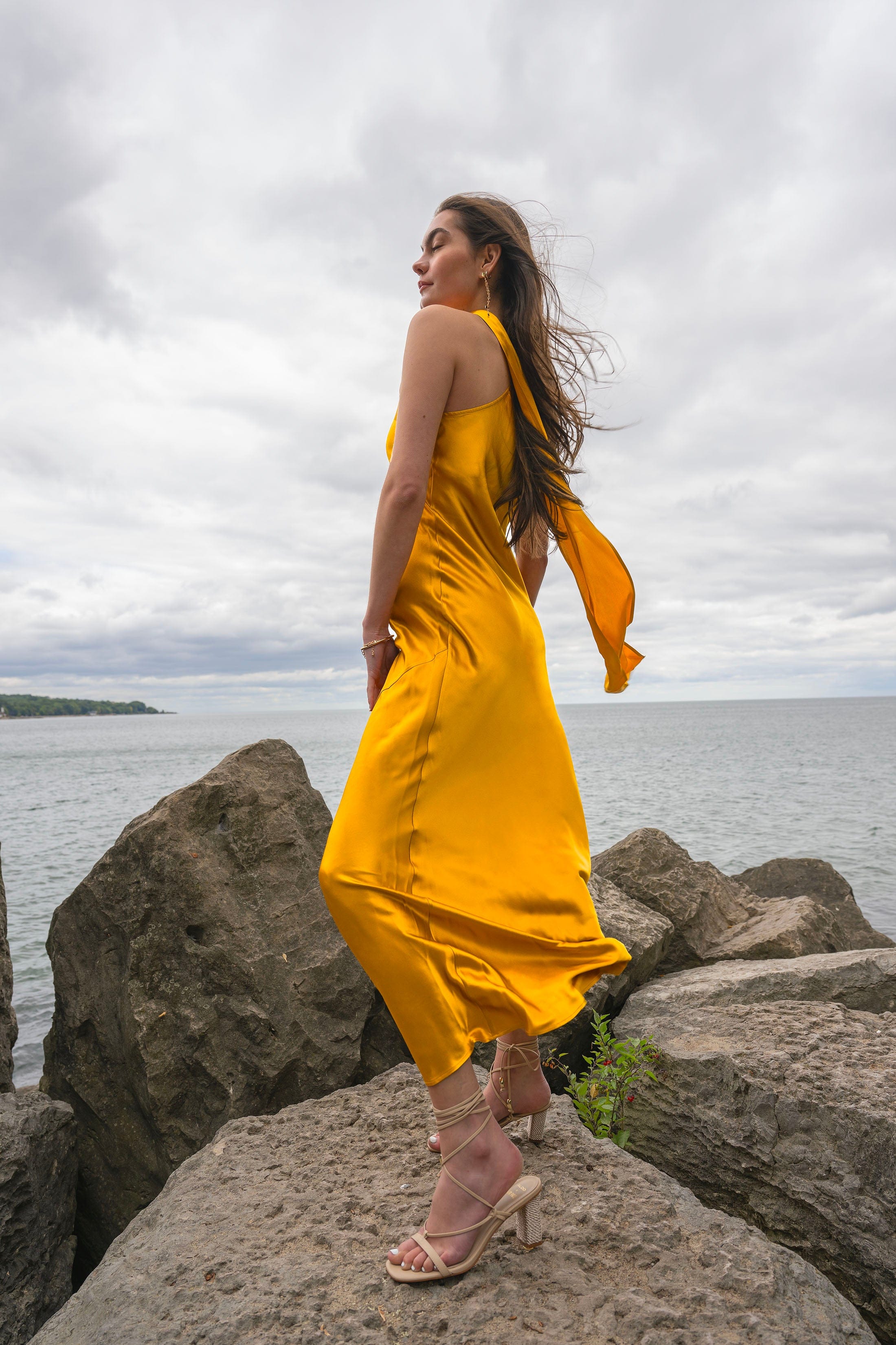 Amal Silk Slip Dress with Floral Corsage in Yellow made by Vasiliki
